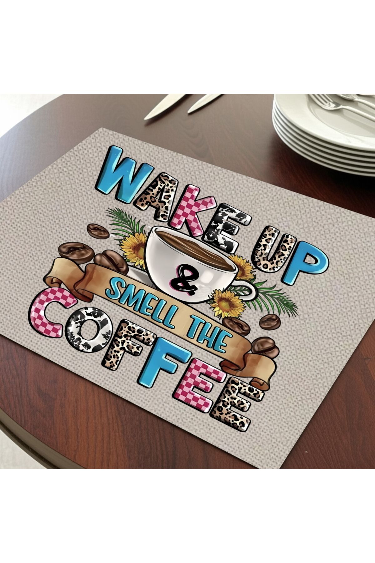 Hediye Deposu Wake Up Coffee Tasarımlı Amerikan Servis, Tabak Altlığı & Şık Masa Dekoru, Ev Hediyesi, 2 Adet