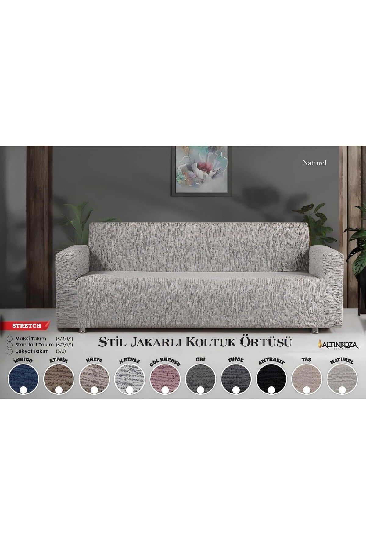 Altınkoza Strech Stil Jakarlı Koltuk Örtüsü (3+3 ) - Naturel