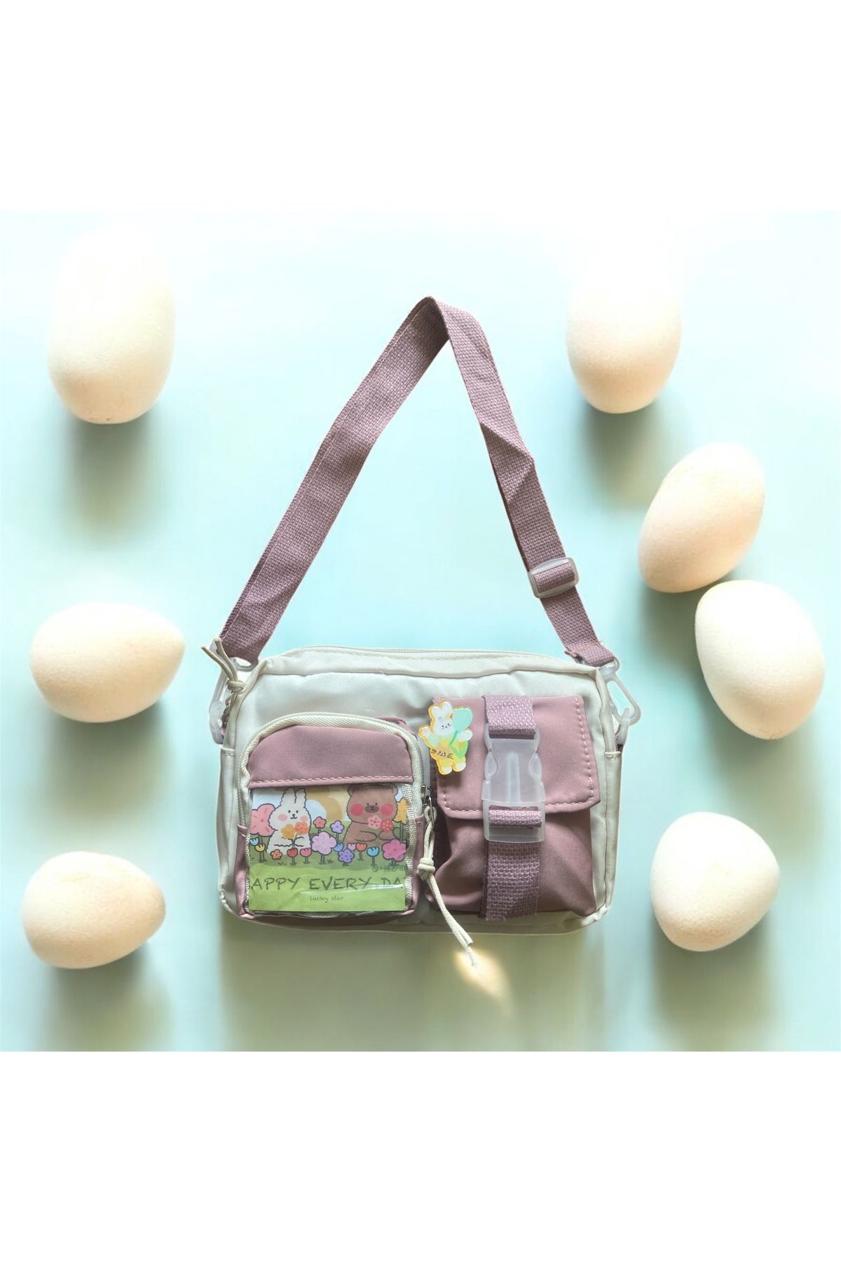 synshop Kawaii Kore Japon Tarzı Genç Kız Çocuk Kadın Crossbody Yan Omuz Çanta Resimli Kart Ve Rozet