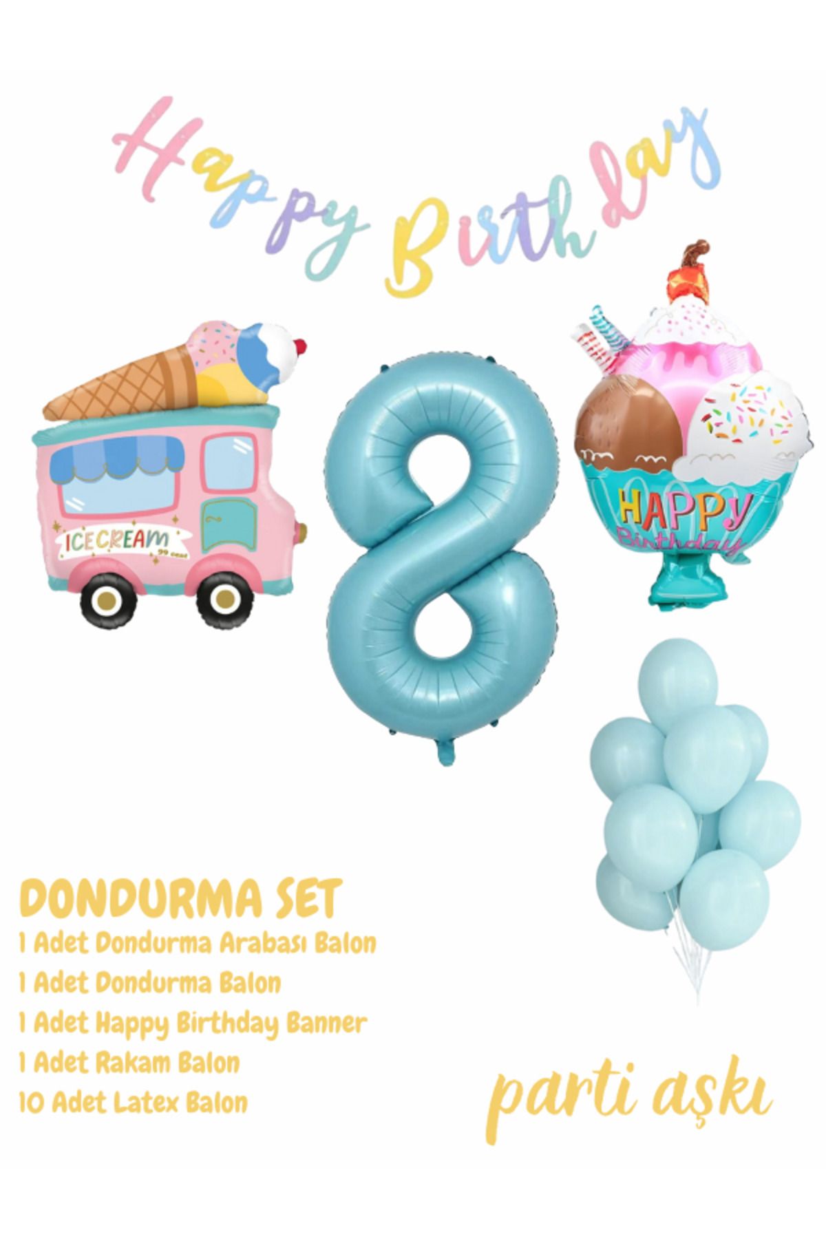 PARTİ AŞKI 1 Yaş Dondurma Temalı 5'li Balon Seti & Erkek Çocuk, Bebek Ice Cream Yaz Konsepti Doğum Günü Partisi