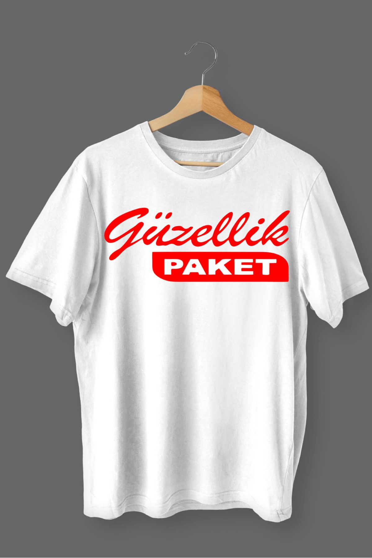MLH STORE Güzellik Paket Baskılı Pamuklu Likralı T-shirt (Kırmızı Yazılı Beyaz) XL Beden