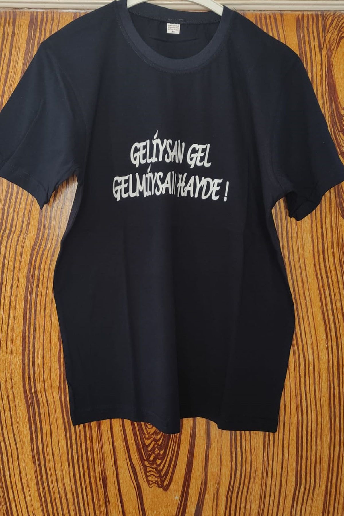 MLH STORE Geliysan Gel Gelmiysan Hayde ! Baskılı Pamuklu Likralı T-shirt (Beyaz Yazılı Siyah) L Beden