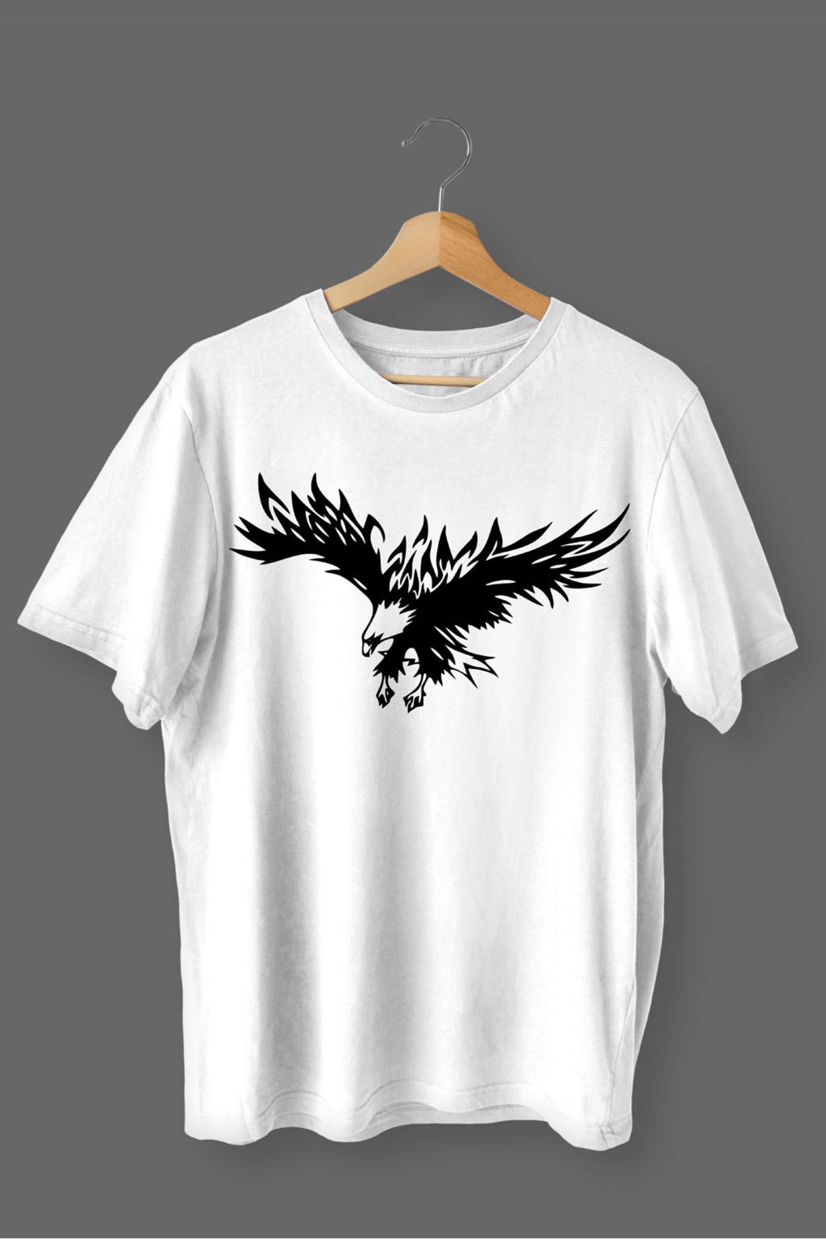 MLH STORE Kartal Baskılı Pamuklu Likralı T-shirt (Siyah Desenli Beyaz) XL Beden