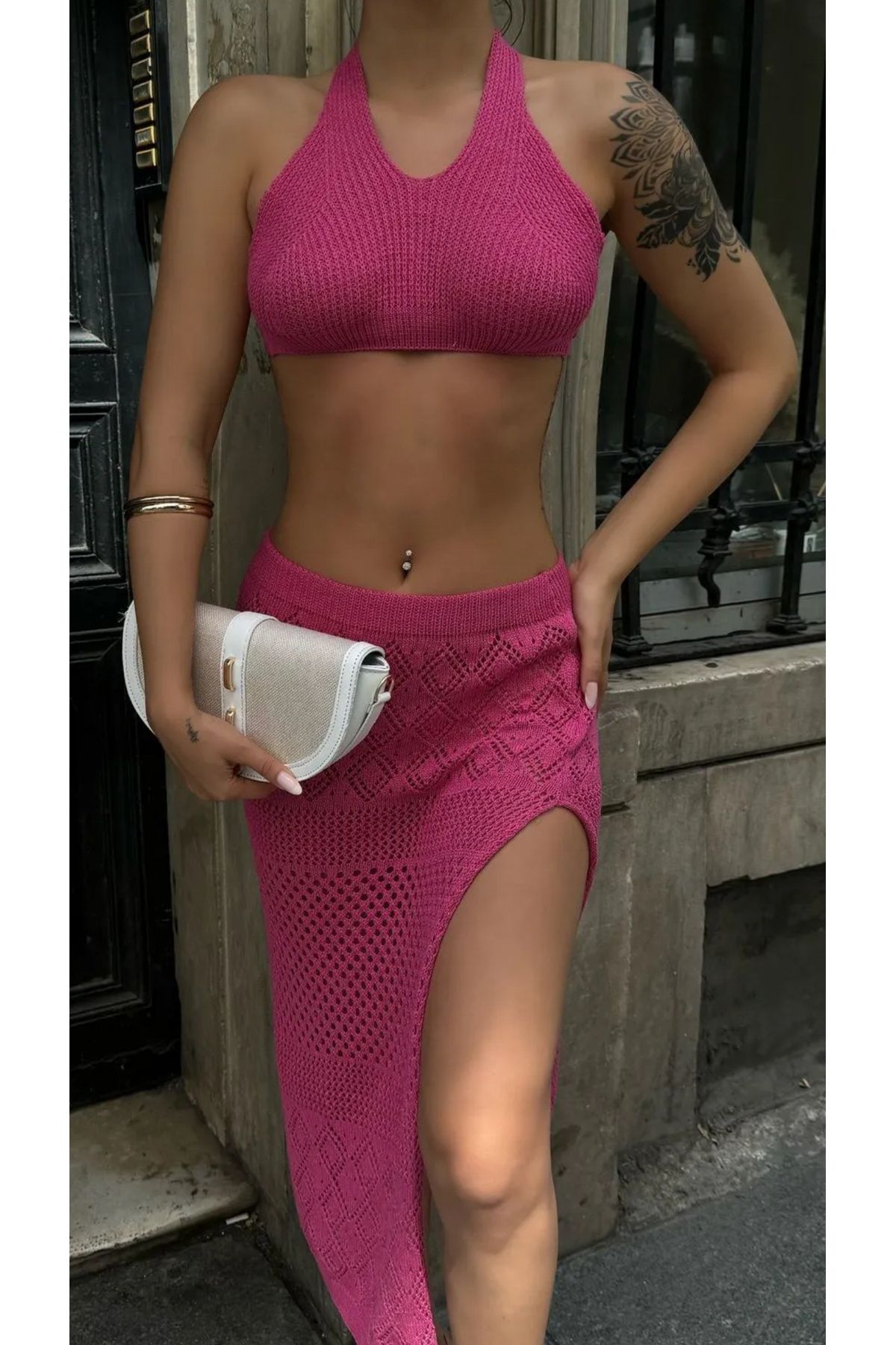 Noi Belis Ajurlu/Delikli Crop Bluz Midi Boy Etek İnce Yazlık Takım SS25AU0005