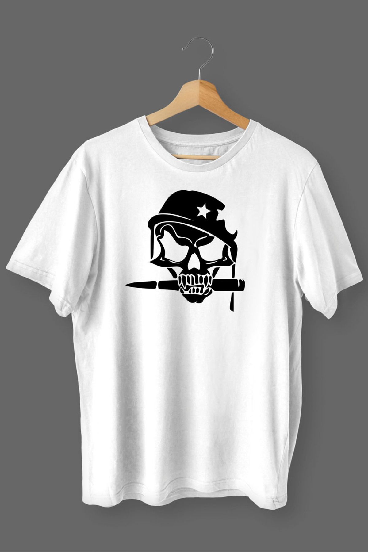 MLH STORE Kurukafa Baskılı Pamuklu Likralı T-shirt (Siyah Desenli Beyaz) XL Beden