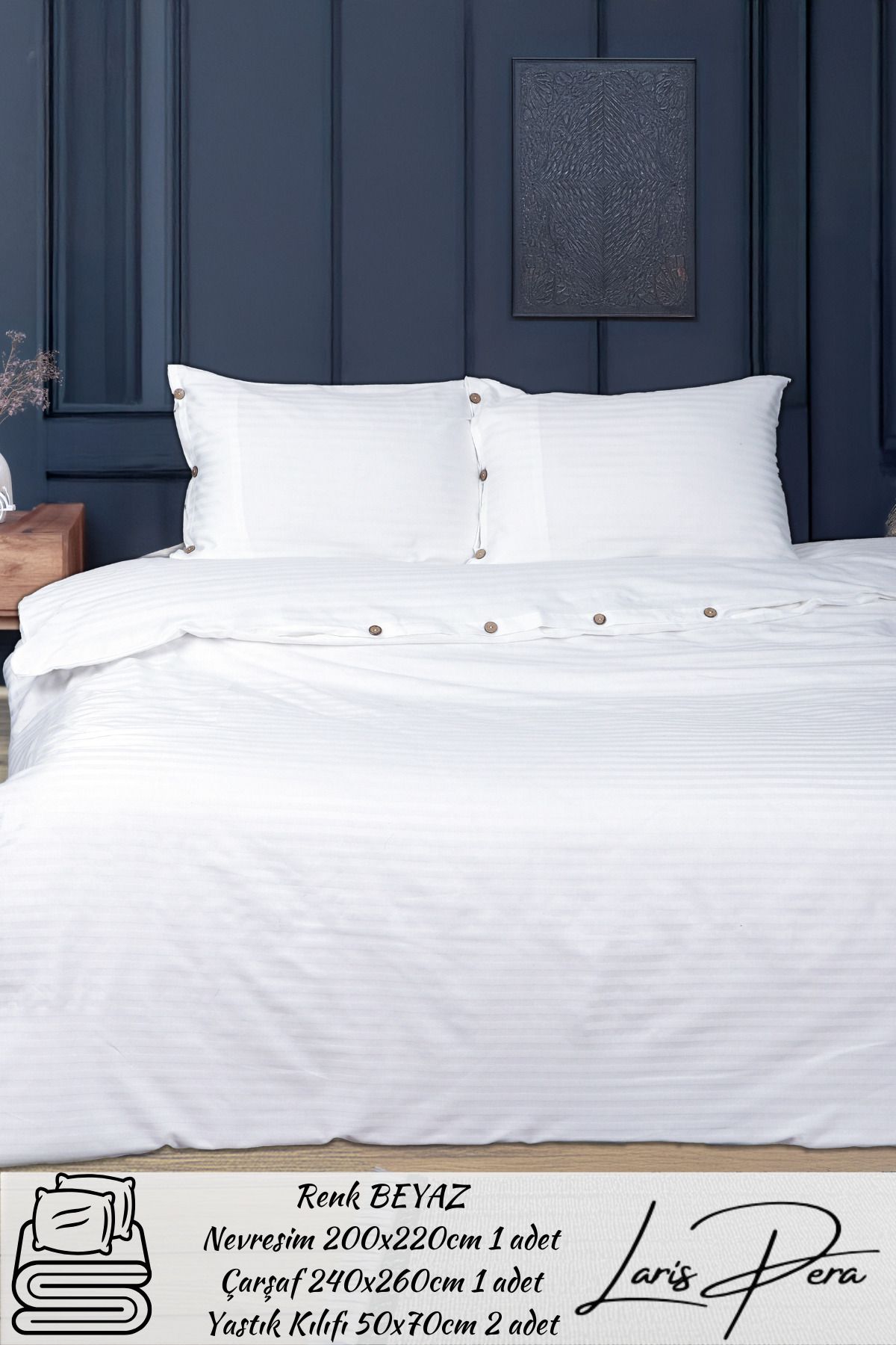 Larispera Çizgili Pamuk Saten Çift Kişilik Nevresim Takımı King Size İplik Boyalı Düğme Detaylı DuvetCover Set