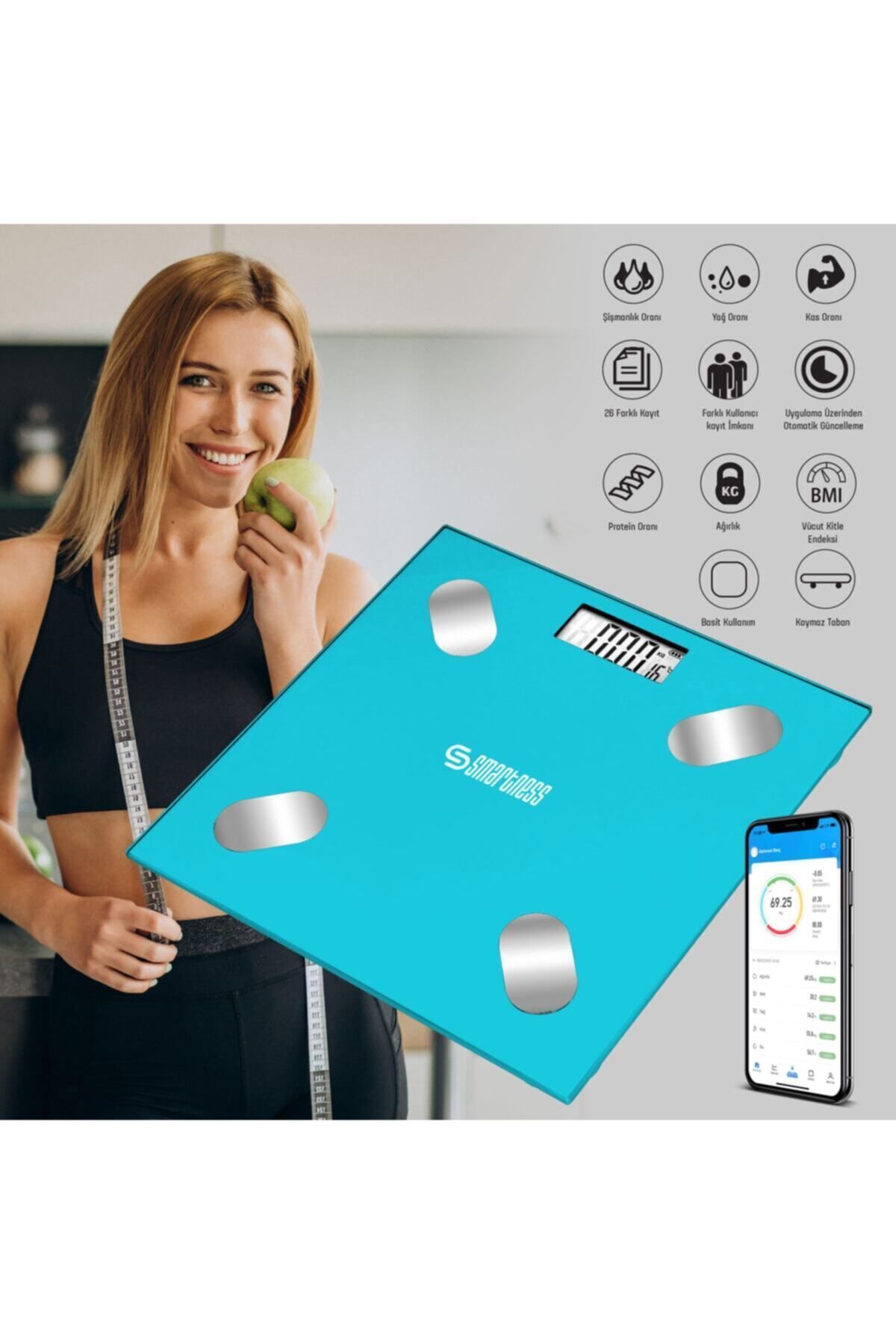 teknotrust Yağ Ölçer Fonksiyonlu Akıllı Bluetooth Tartı Baskül Vücut Analizli