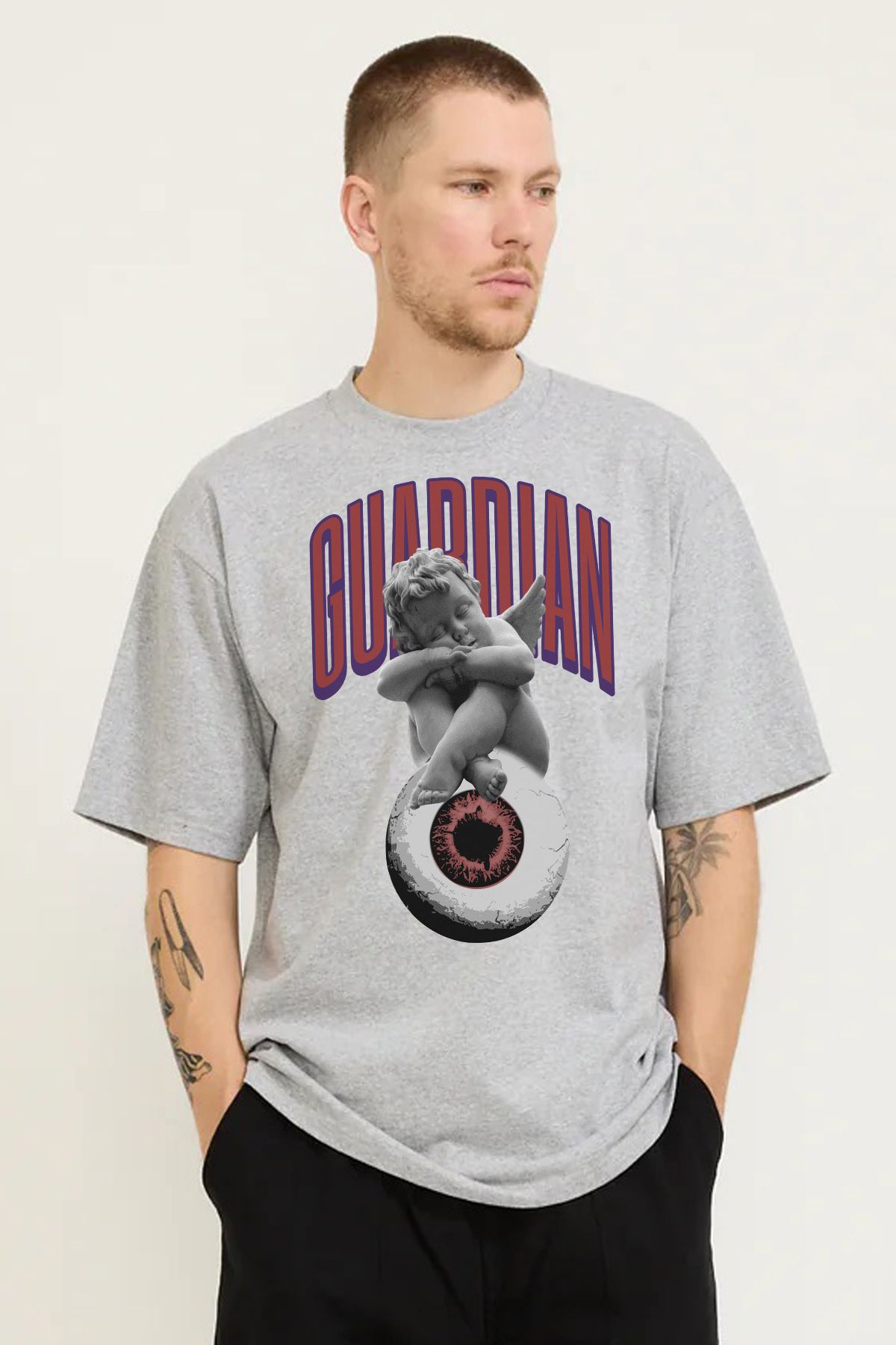 MODA Angel Yunan Heykel Guardian Melek Baskılı Oversize Kalıp Grimelanj Bol Geniş Kesim Erkek Tişört