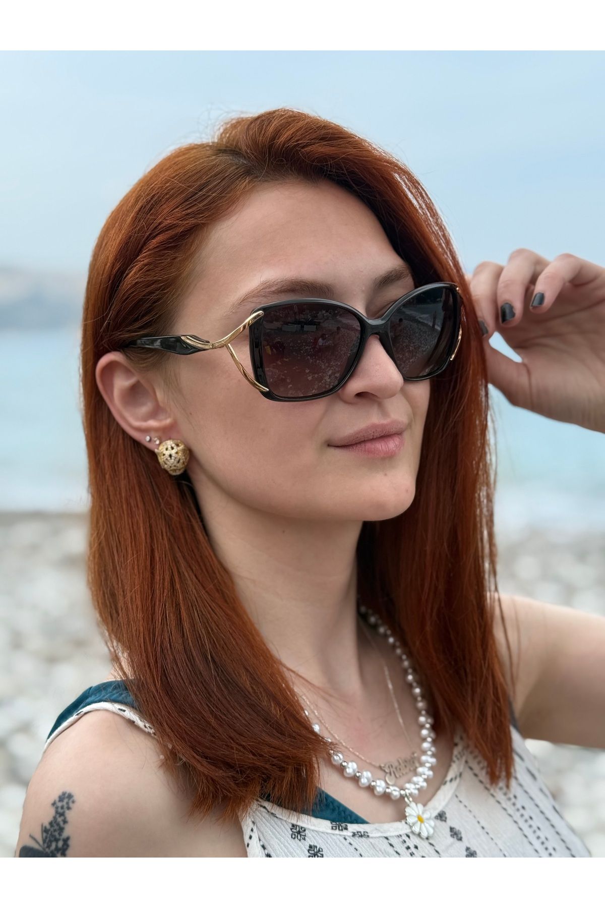 Ferrucci Kahverengi Oval Çerçeveli Altın Gold Metal Detaylı Degrade Camlı Şık Kadın Güneş Gözlüğü