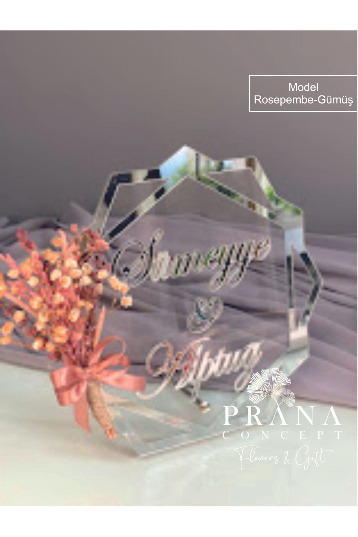shop Pleksi Söz Nişan İsim Dekoru Gümüş Renk ve Çiçek Süslemeli 20*20Cm Prizma Modeli İsimlik
