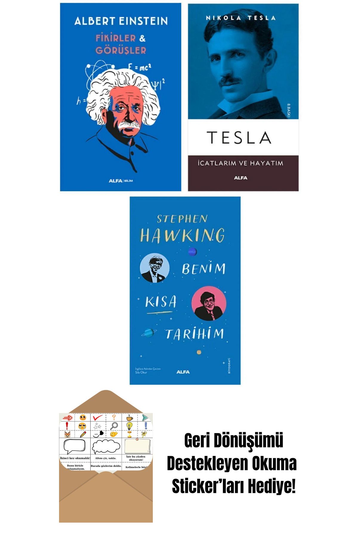 Alfa Yayınları Albert Einstein + Nikola Tesla + Stephen Hawking Otobiyografileri + Okuma Sticker'ları