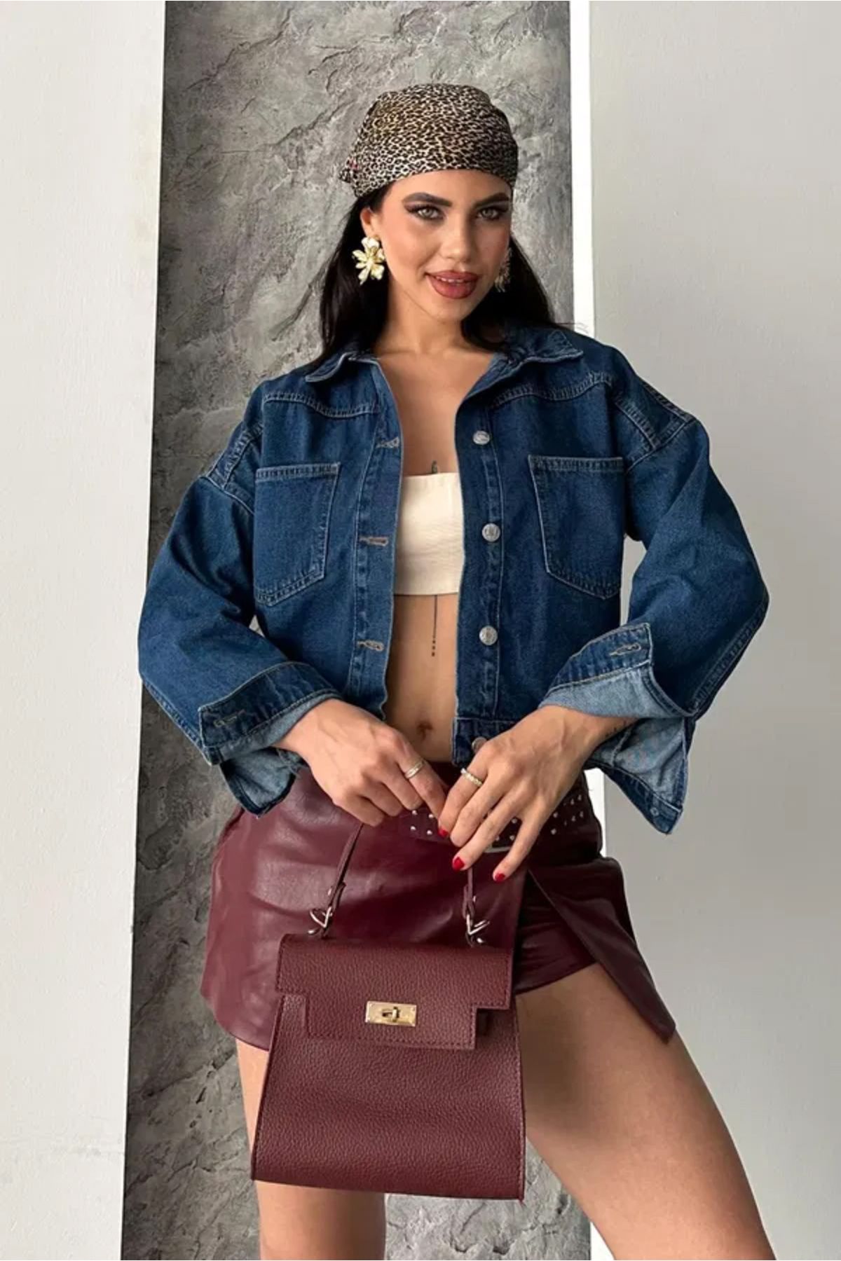 Butik Çift Cepli Demin Crop Ceket