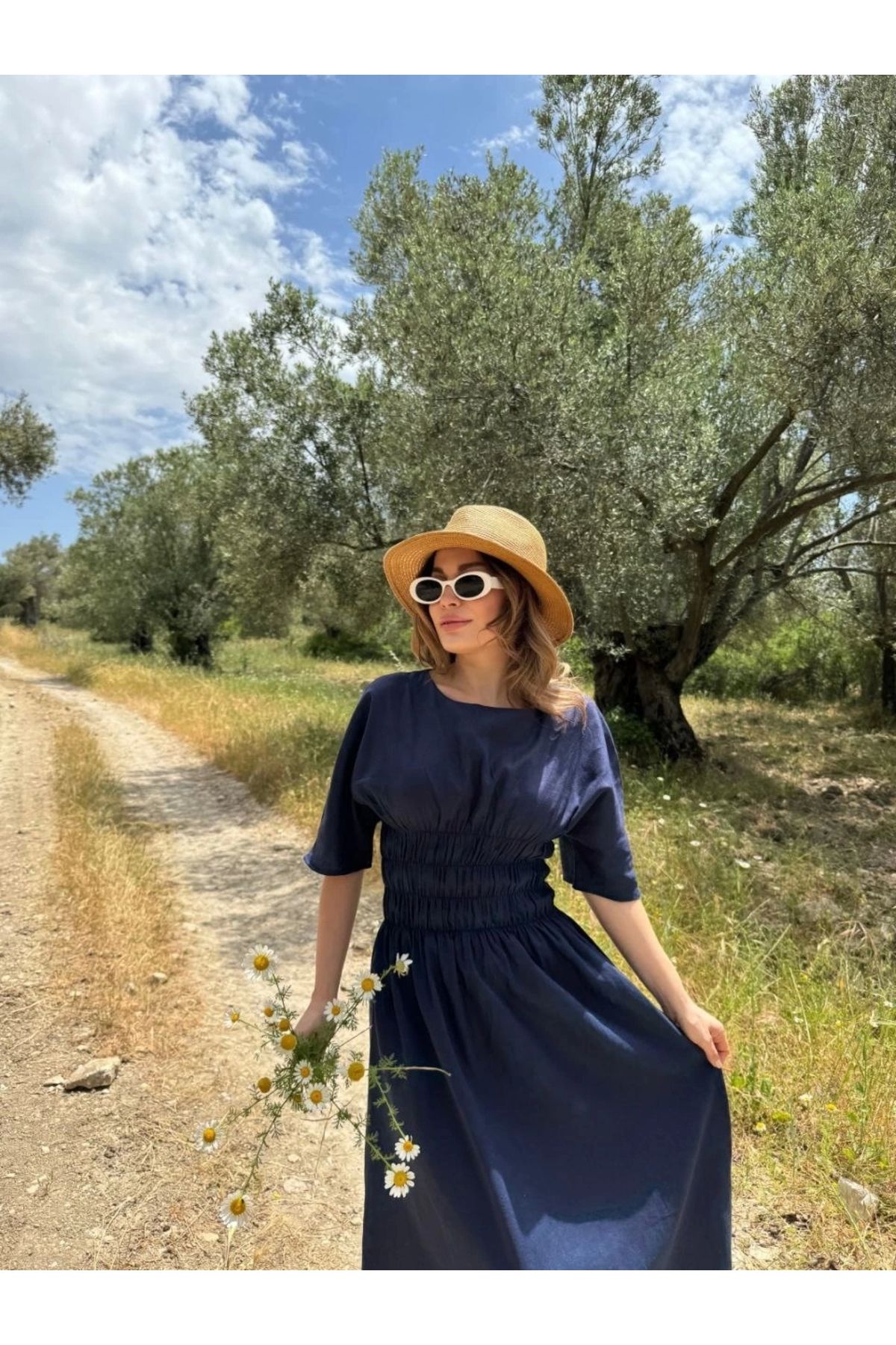 MODA Kadın Keten Kısa Kollu uzun Elbise - Lacivert