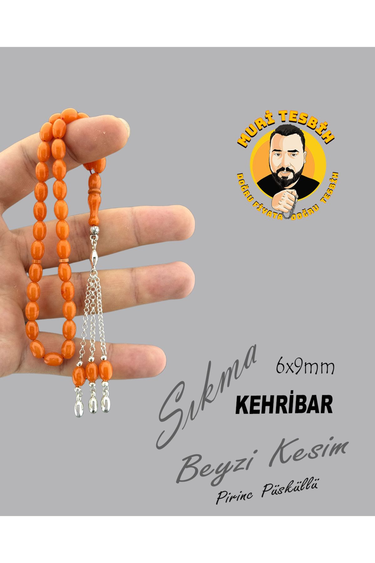 muri tesbih PİRİNÇ PÜSKÜLLÜ SIKMA KEHRİBAR BEYZİ KESİM 6X9