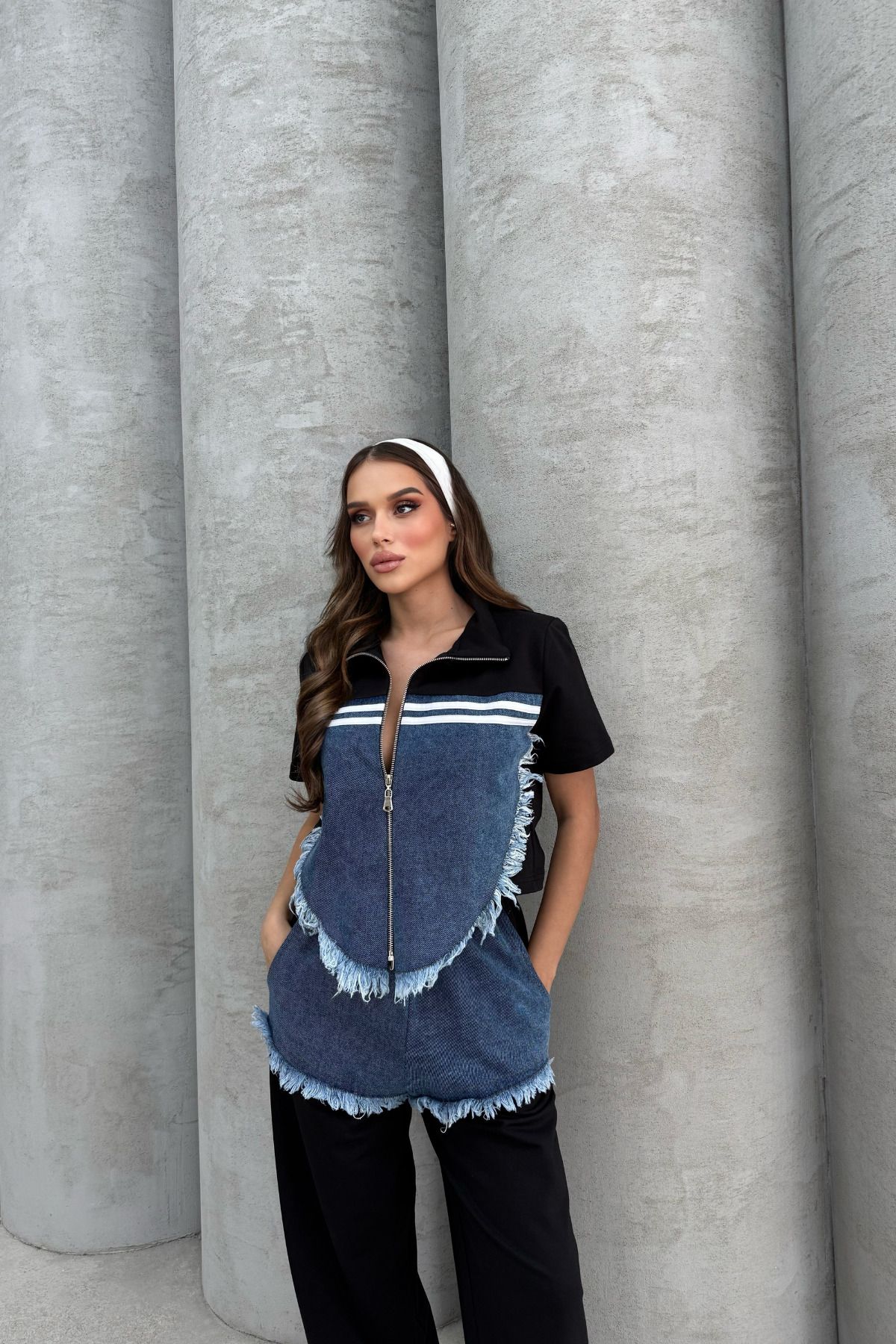Bliss Kadın Yazlık Kısa Kollu Kot Detaylı Oversize Alt Üst Eşofman Takımı Set