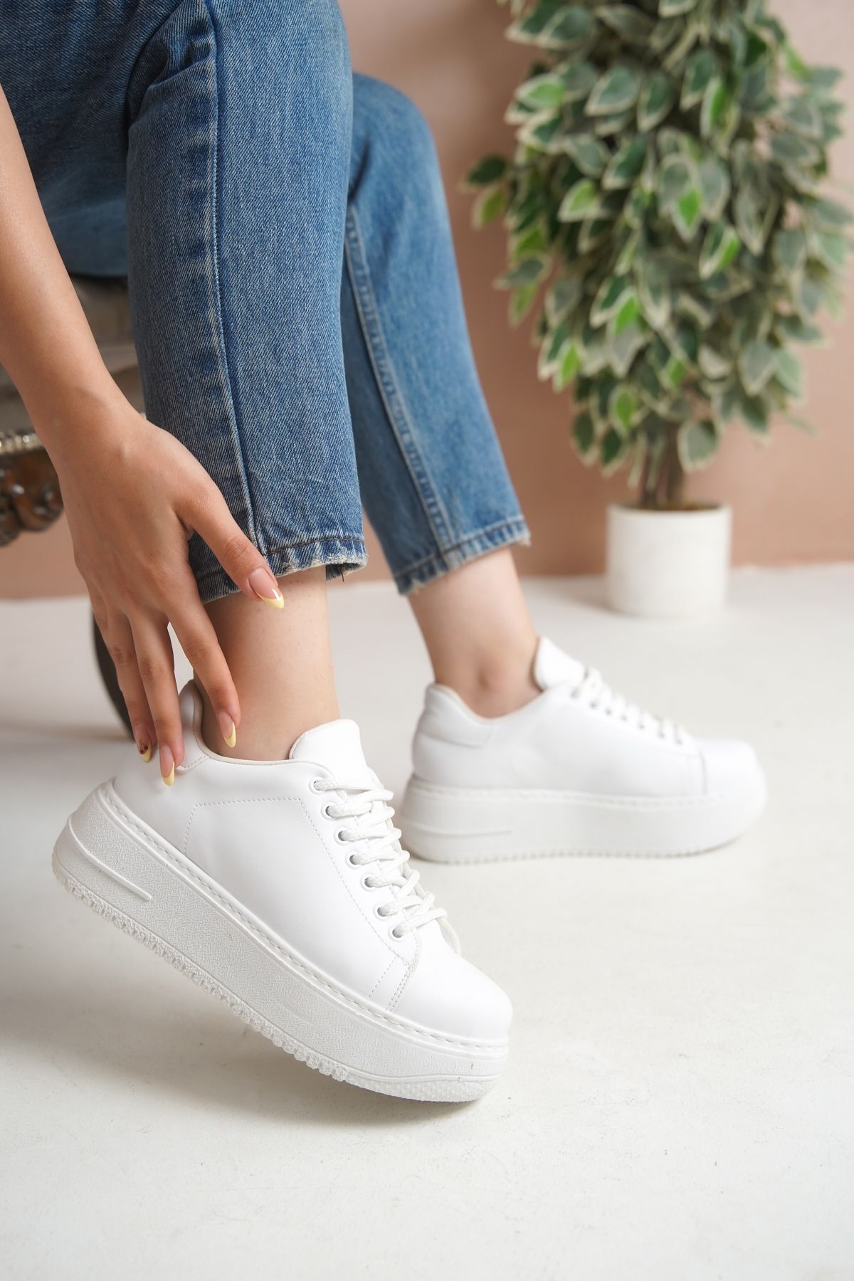 Krowaz Armour Beyaz Yüksek Tabanlı Kadın Günlük Sneaker, Yürüyüş Spor Ayakkabı