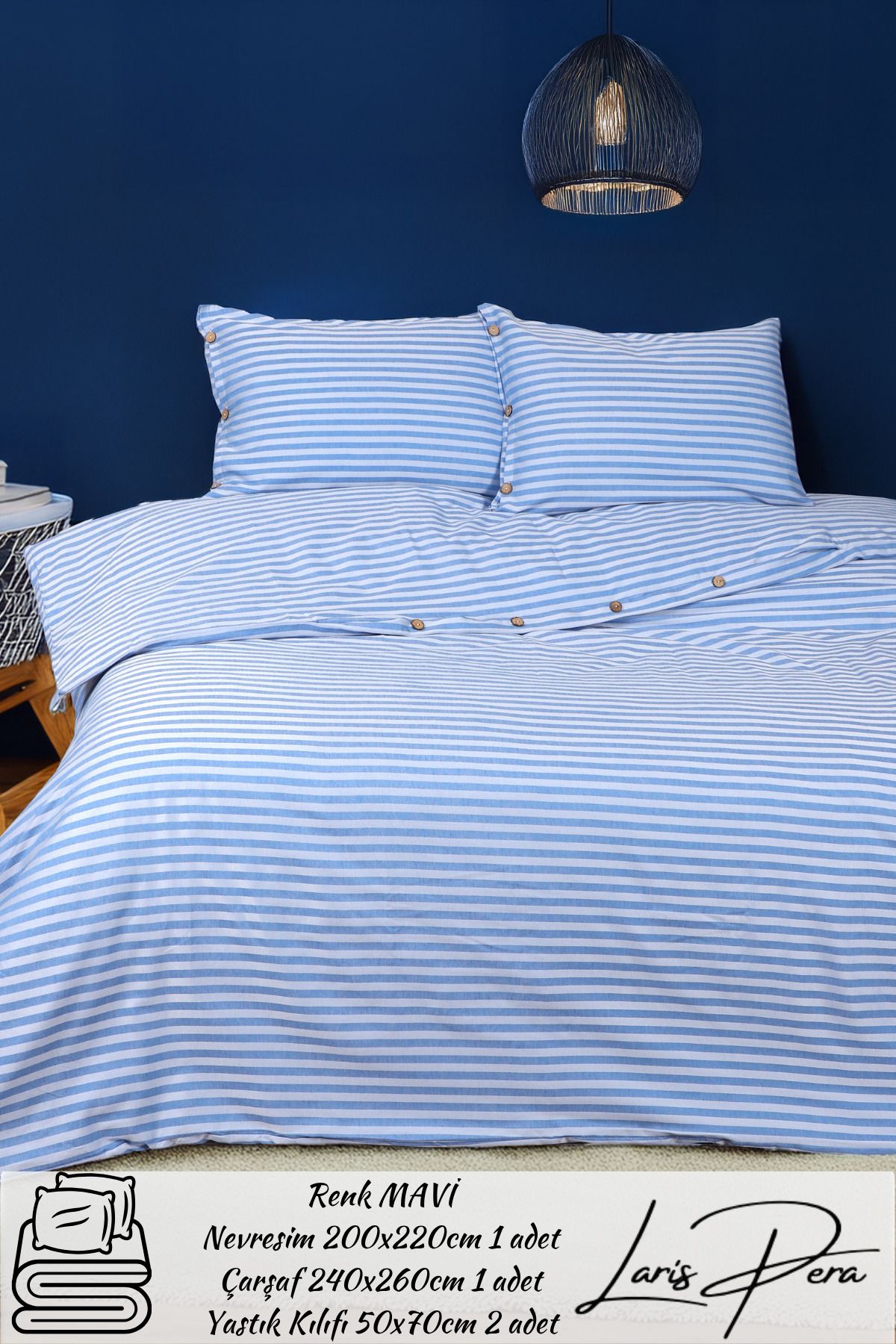 Larispera Çizgili Pamuk Saten Çift Kişilik Nevresim Takımı King Size İplik Boyalı Düğme Detaylı DuvetCover Set
