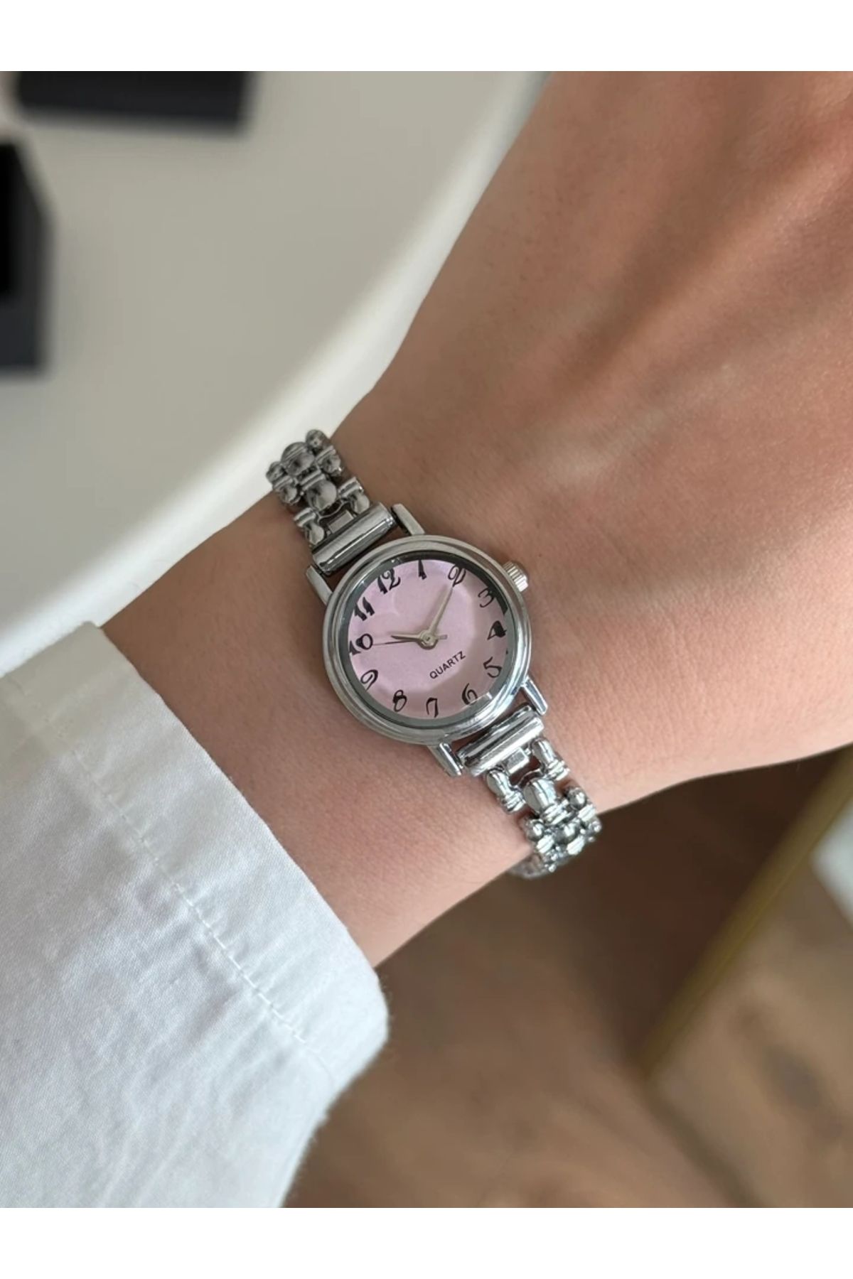 RoseandRoses Ceny Vintage Model Özel Tasarım Kadın Kol Saati Gümüş (Pembe Kadran)