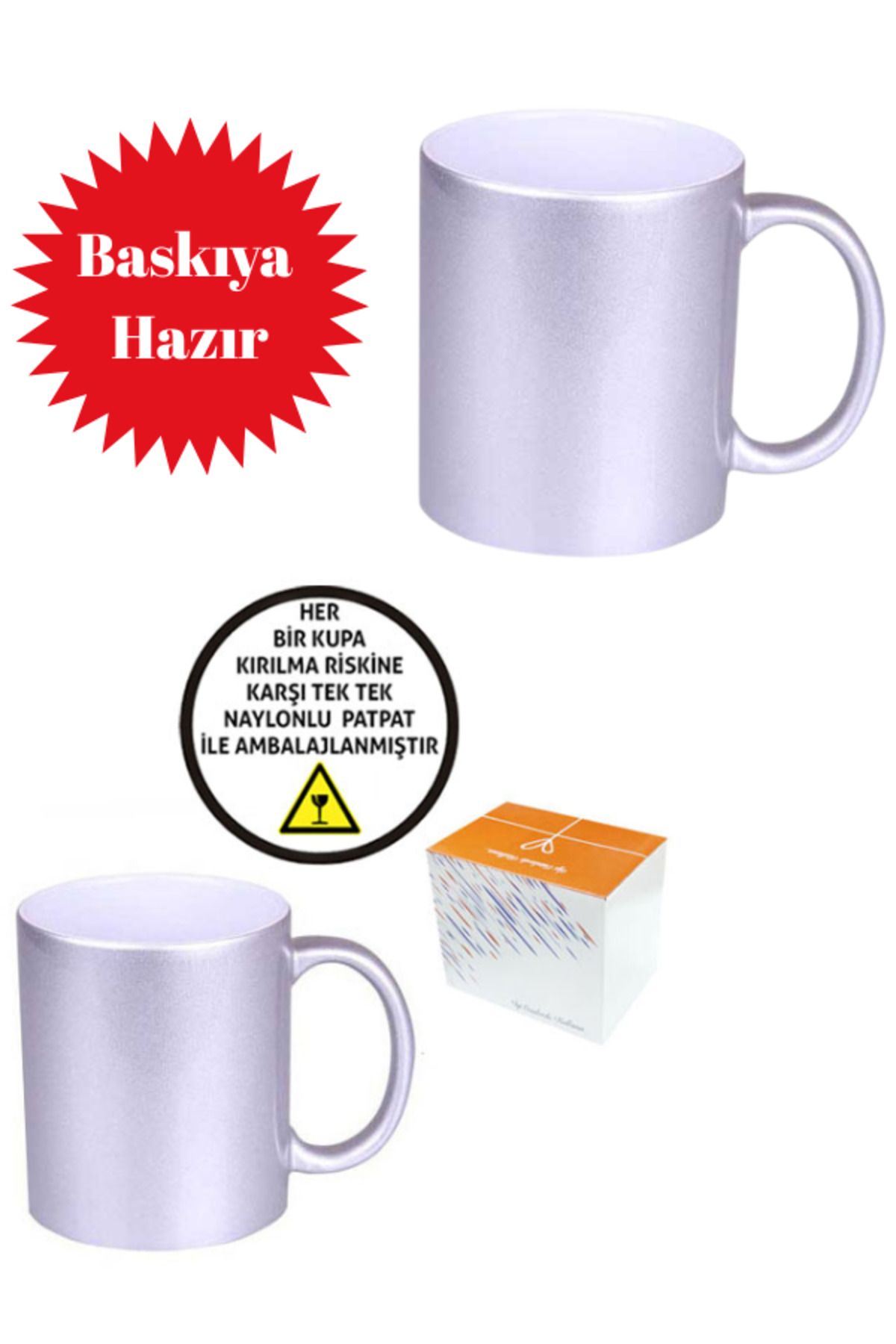 Güzel Paket Sublimasyon Porselen Gümüş Sedefli Kupa - Kutulu 2 Adet Baskısız