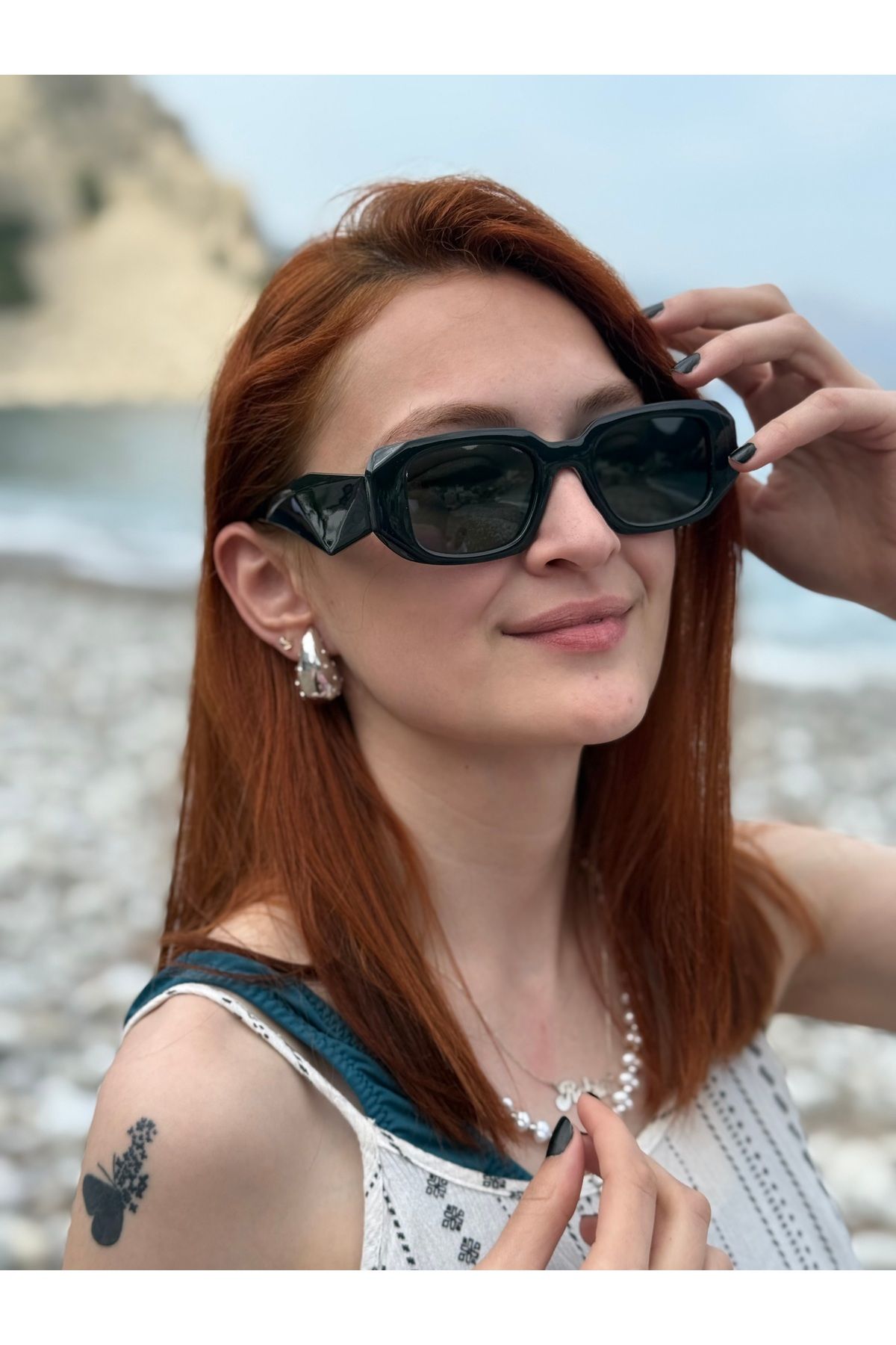 Ferrucci Siyah Geometrik Kesim Kemik Çerçeveli Polarize Şık Kadın Güneş Gözlüğü