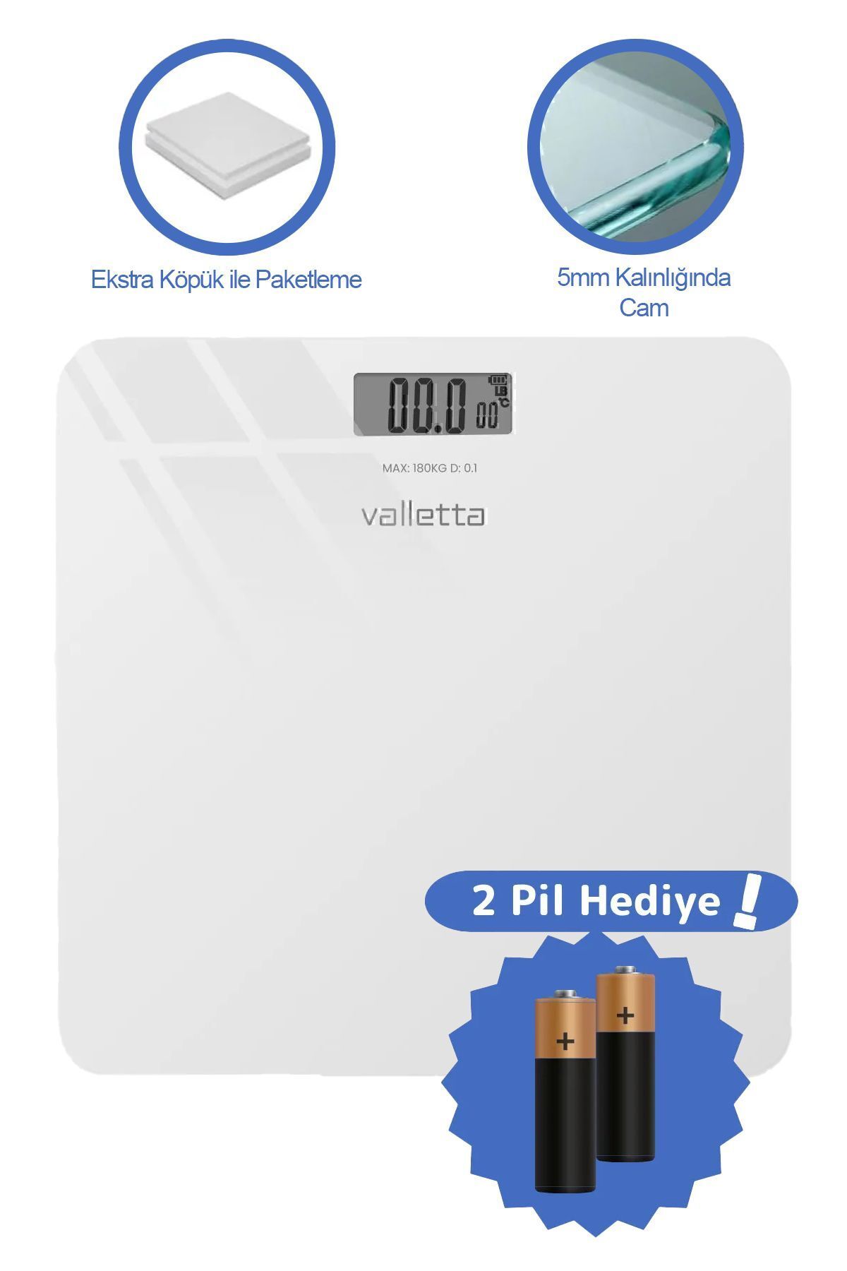teknotrust Echo Pil Hediyeli Dijital Cam Baskül Tartı 180 Kg Lcd Ekranlı Beyaz
