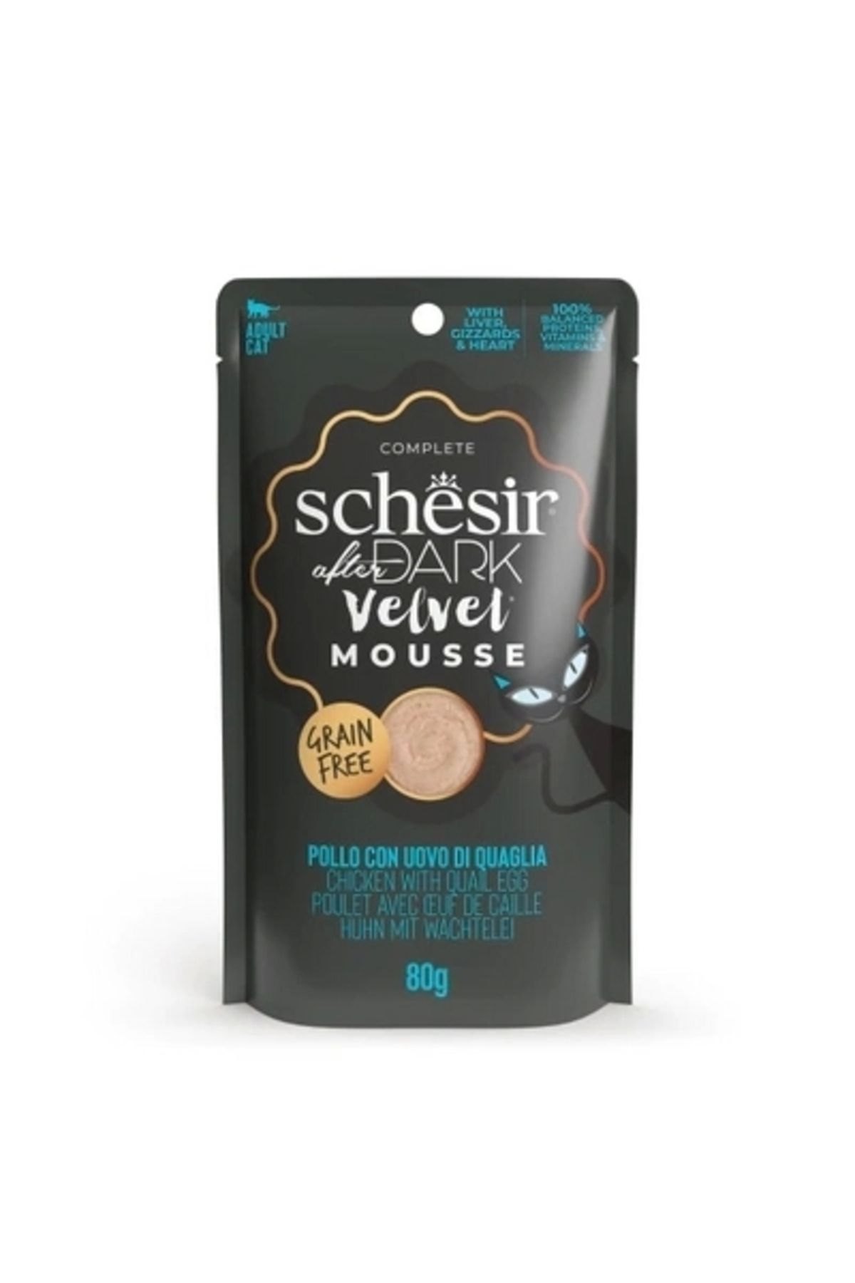 YNT İthalat Schesir After Dark Velvet Mousse Tavuklu ve Bıldırcın Yumurtalı Yetişkin Kedi Yaş Maması 80 Gr