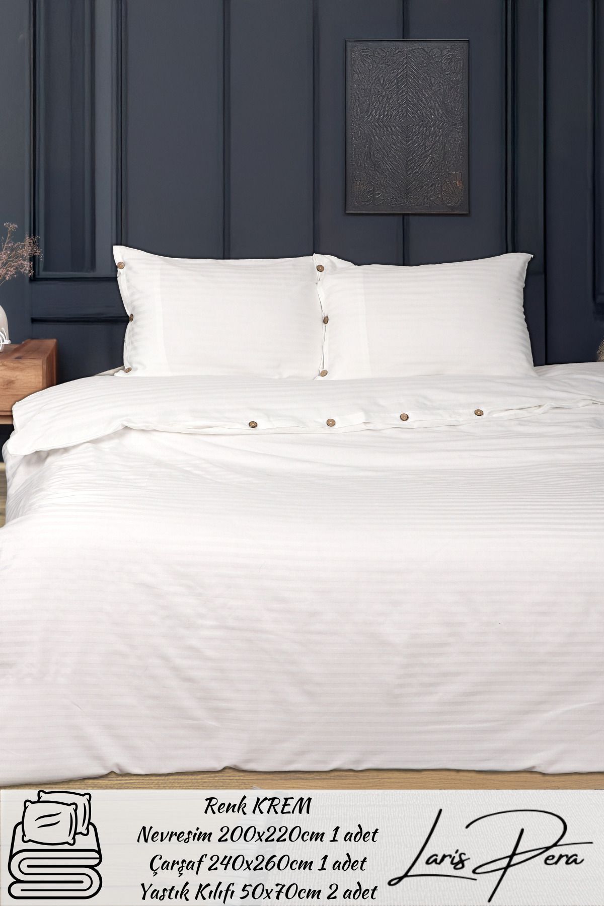Larispera Çizgili Pamuk Saten Çift Kişilik Nevresim Takımı King Size İplik Boyalı Düğme Detaylı DuvetCover Set