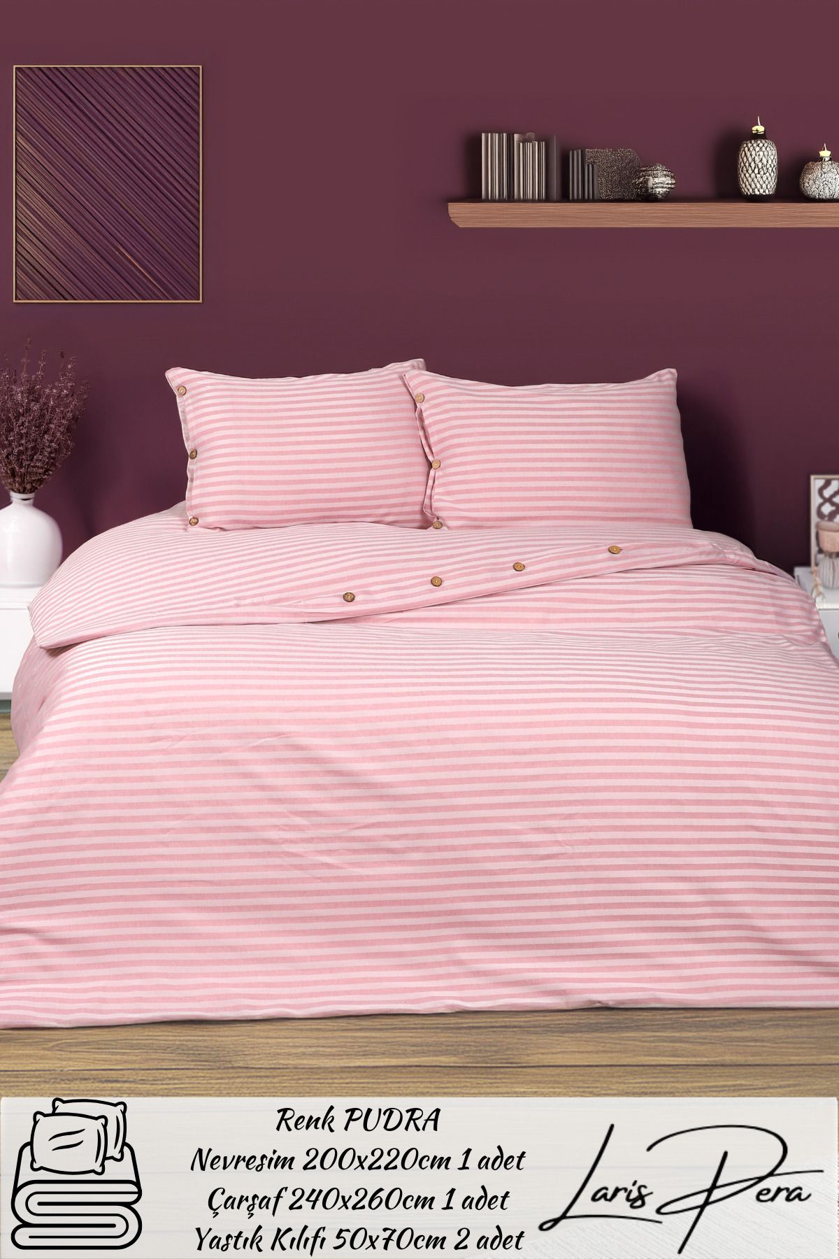 Larispera Çizgili Pamuk Saten Çift Kişilik Nevresim Takımı King Size İplik Boyalı Düğme Detaylı DuvetCover Set