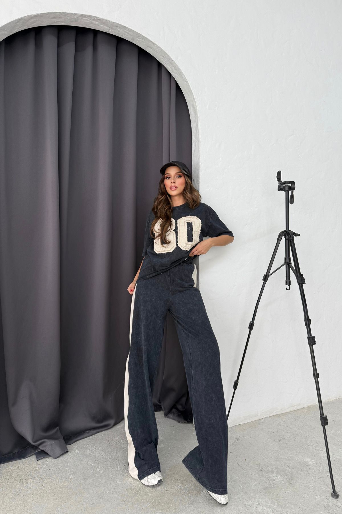 Bliss Kadın Göğüs Detaylı Yıkamalı Yazlık Kısa Kollu Oversize Alt Üst Eşofman Takımı Set