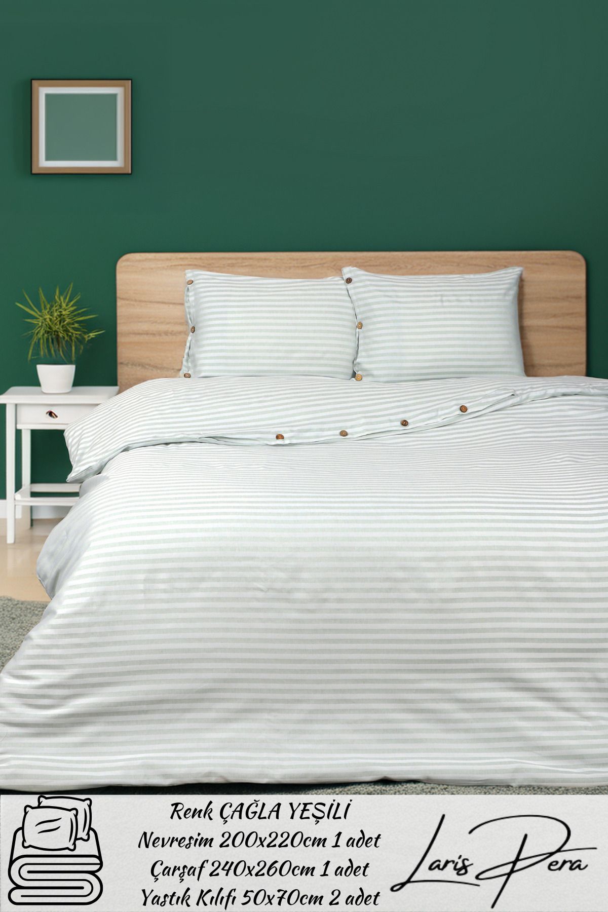 Larispera Çizgili Pamuk Saten Çift Kişilik Nevresim Takımı King Size İplik Boyalı Düğme Detaylı DuvetCover Set