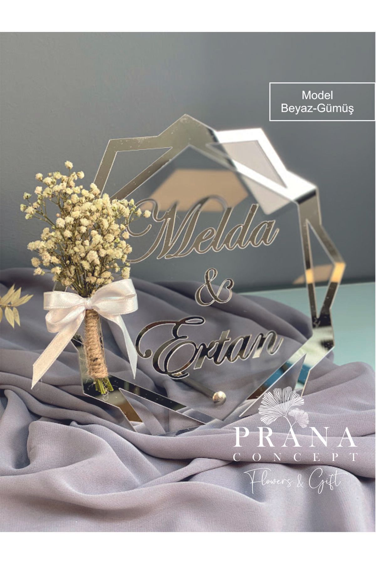 shop Pleksi Söz Nişan İsim Dekoru Gümüş Renk ve Çiçek Süslemeli 20*20Cm Prizma Modeli İsimlik