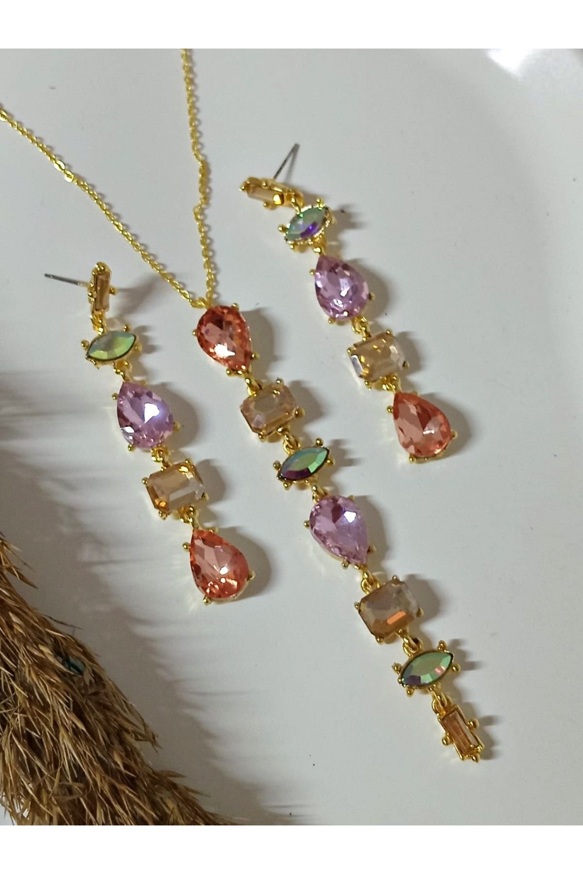 mos&more Pembe Zirkon Taşlı Y Kolye Ve Küpe Seti
