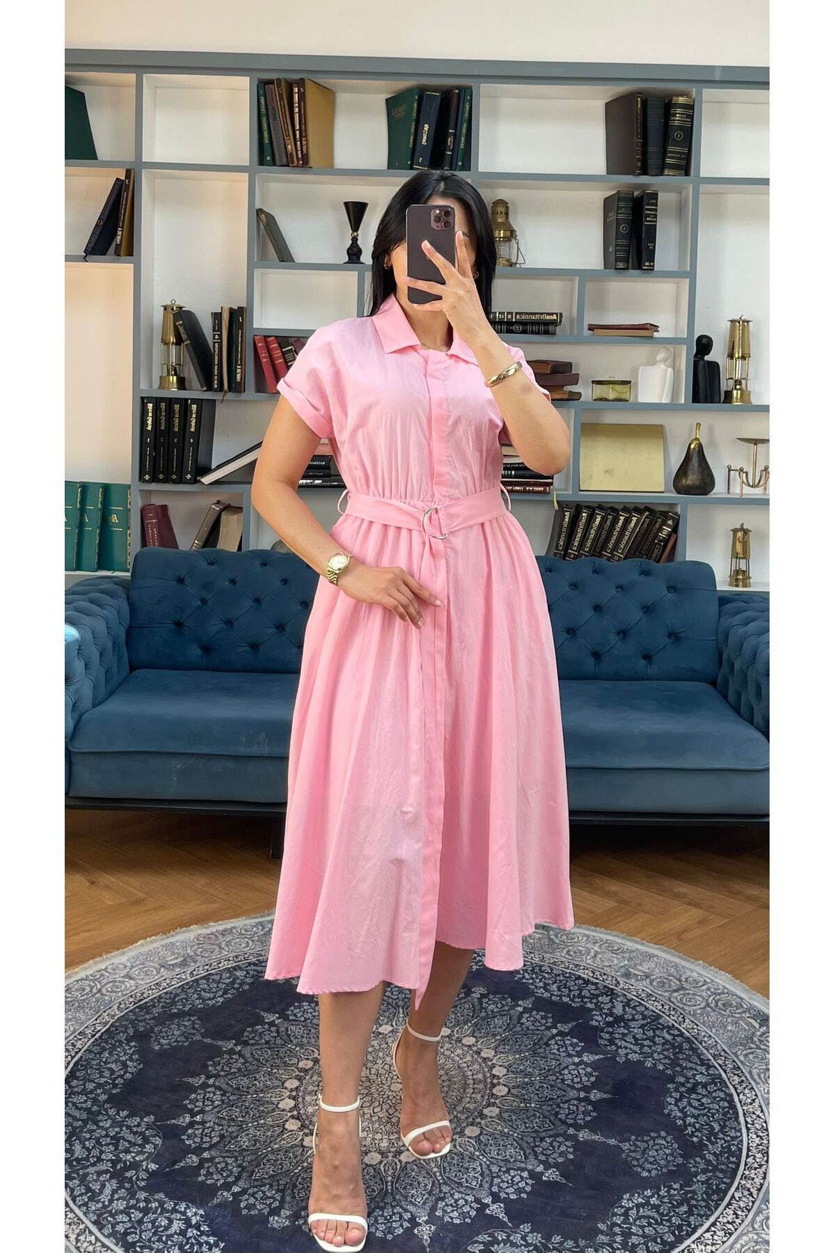 Nida Boutique Yarım Kol Kuşaklı Düğmeli Gömlek Yaka Yarım Astarlı Keten Elbise