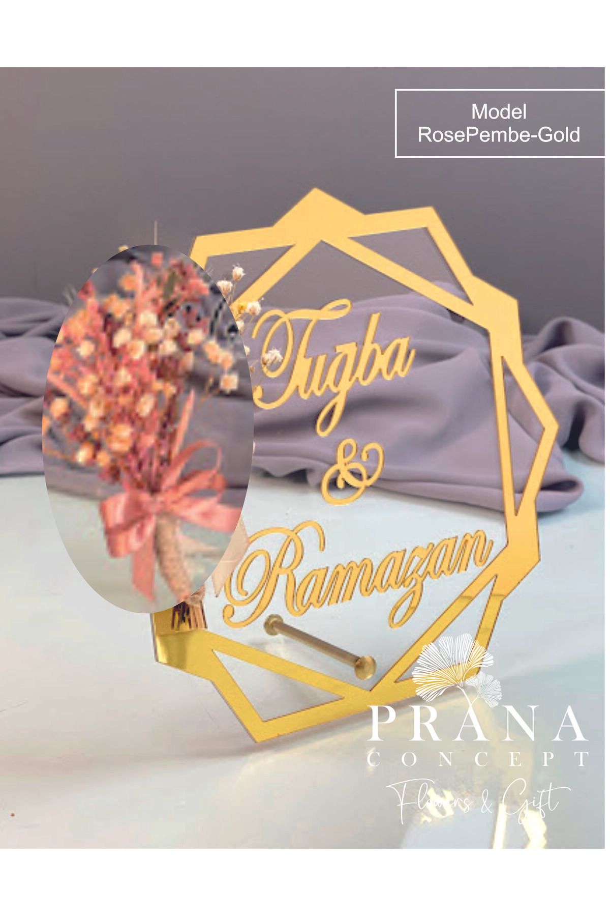 shop Pleksi Söz Nişan İsim Dekoru Gold Renk ve Çiçek Süslemeli 20*20Cm Prizma Modeli İsimlik