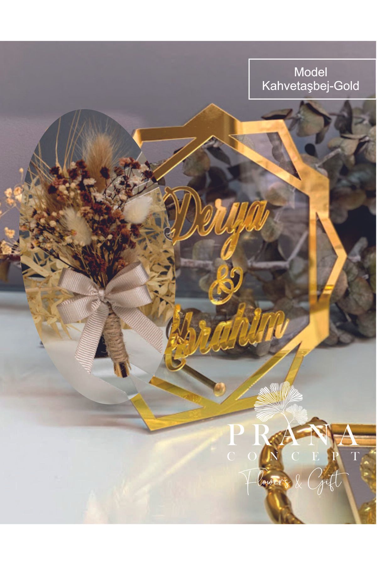 shop Pleksi Söz Nişan İsim Dekoru Gold Renk ve Çiçek Süslemeli 20*20Cm Prizma Modeli İsimlik