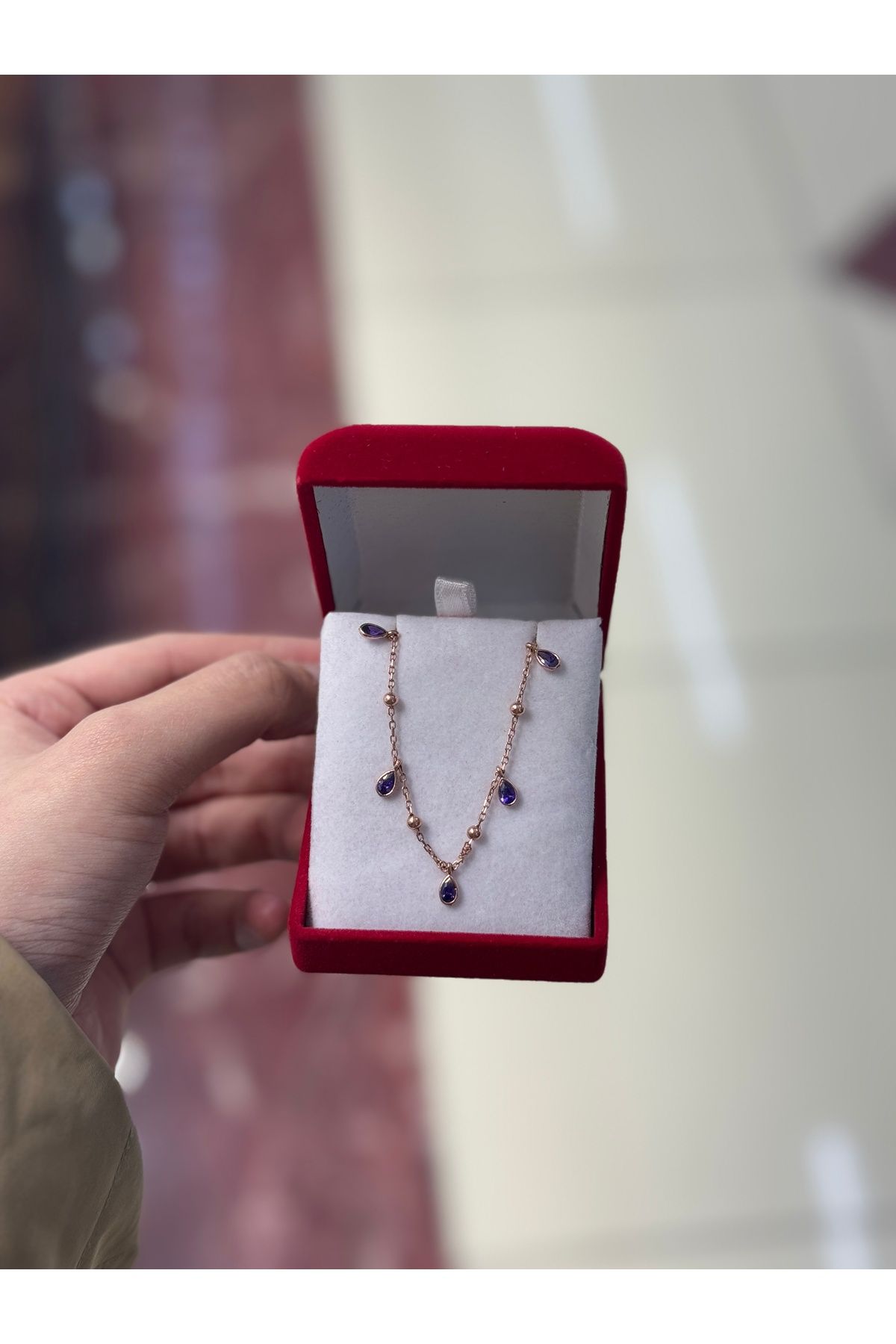 GÜMÜŞ 925 Ayar Gümüş Sıralı Damla Kolye - Mor