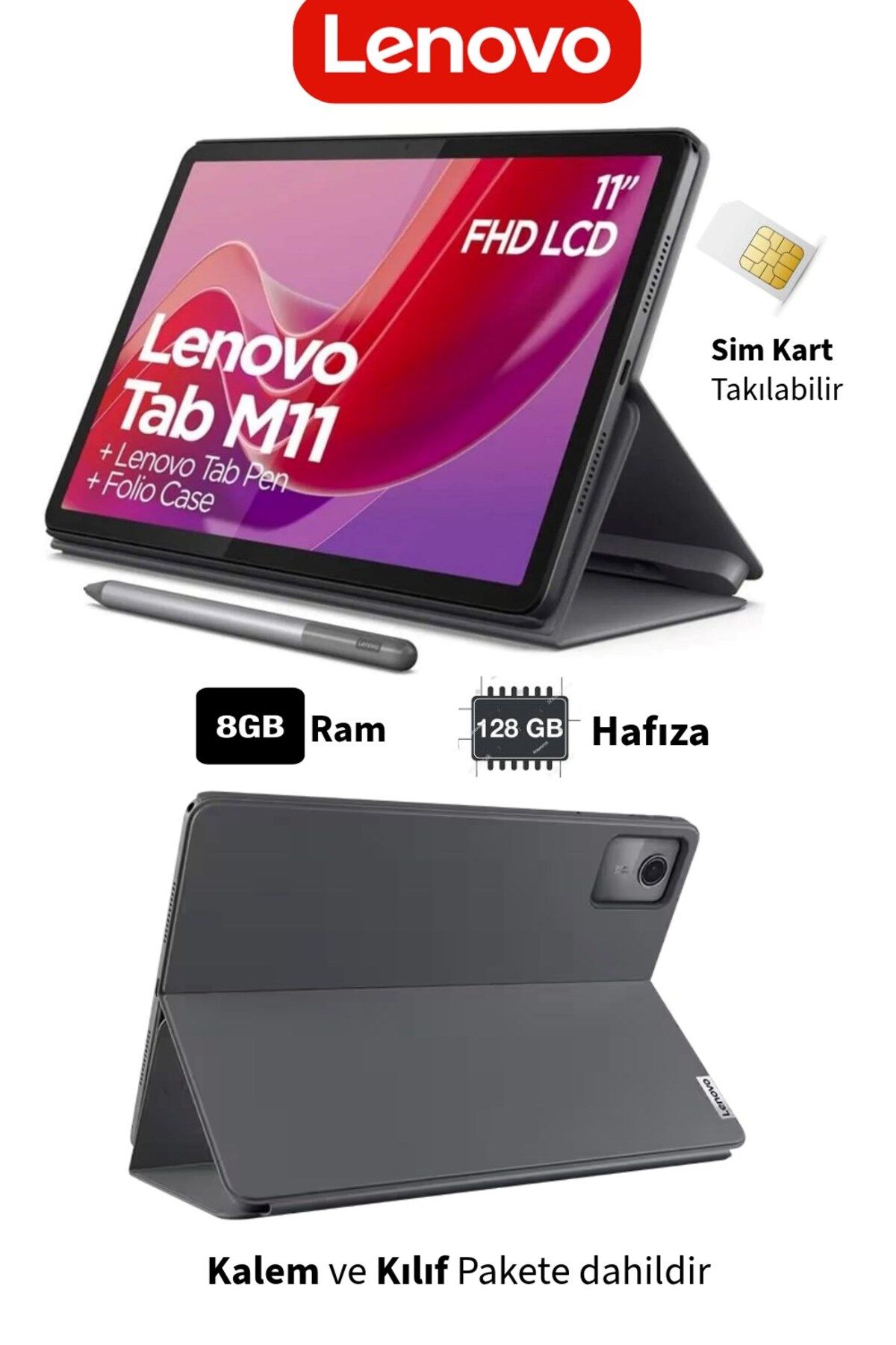 LENOVO Simkart Takılabilir, 8 Çekirdekli Tab M11 8Gb Ram 128Gb Hazfıza 11inc FullHD IPS EKRAN