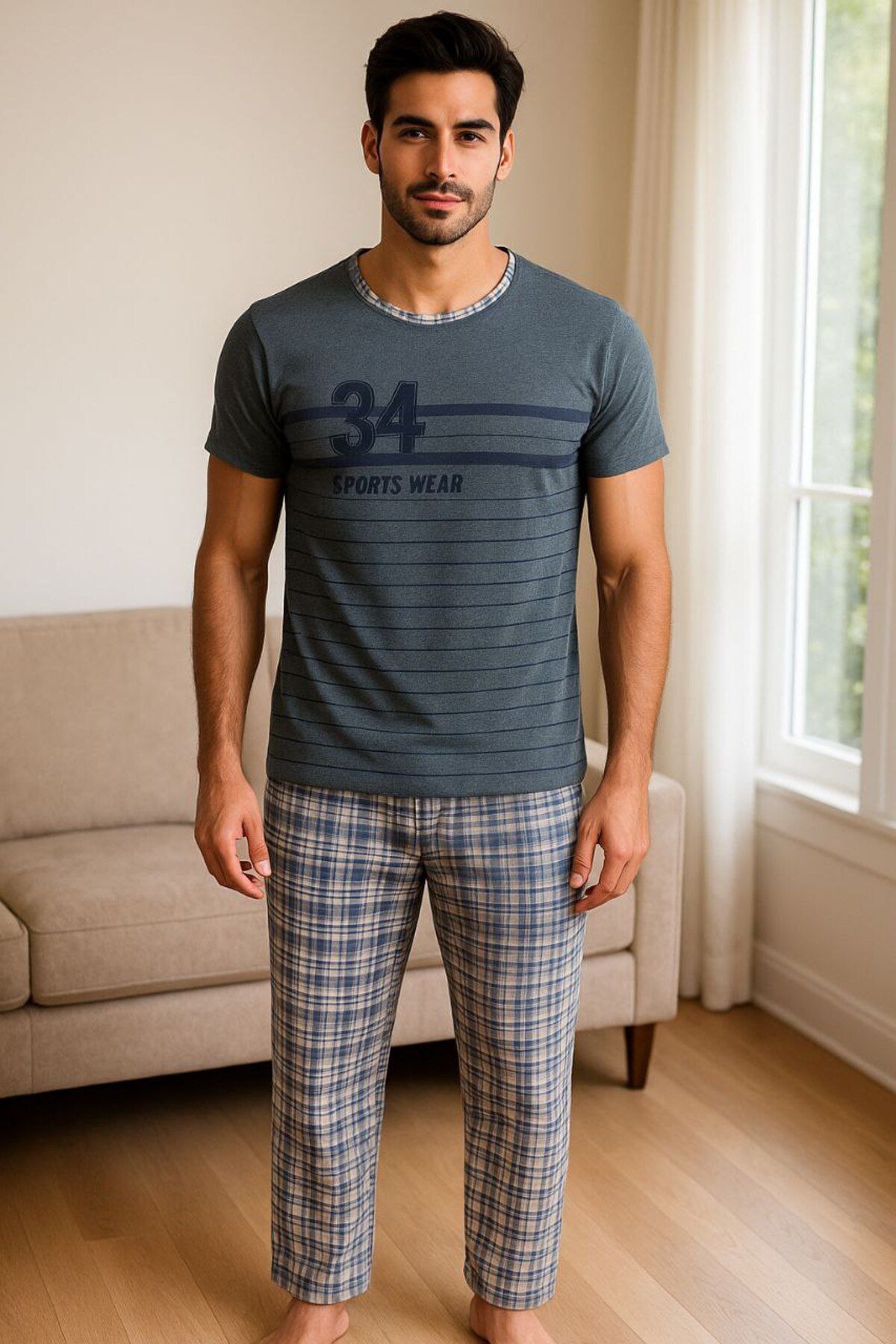 Masal Dünyası Bursa 34 Sports Wear Yazılı Ekoseli Desenli Kısa Kollu Erkek Pijama Takımı ( 4 Renk Seçeneği Mevcut )