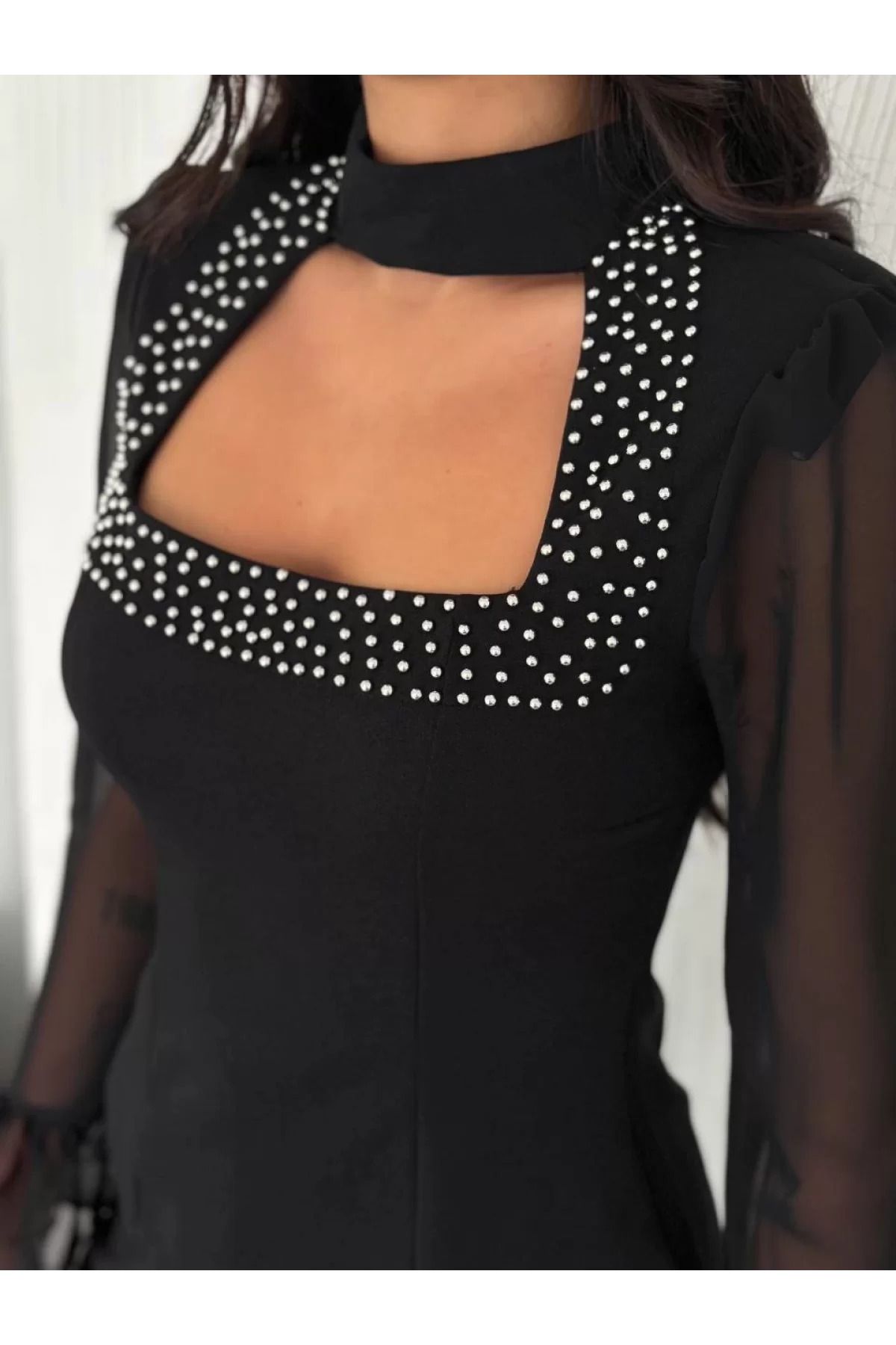BBbutik Uzun Kollu Kadın Kolları Şifon Göğüste İnci Boncuk detaylı Bluz
