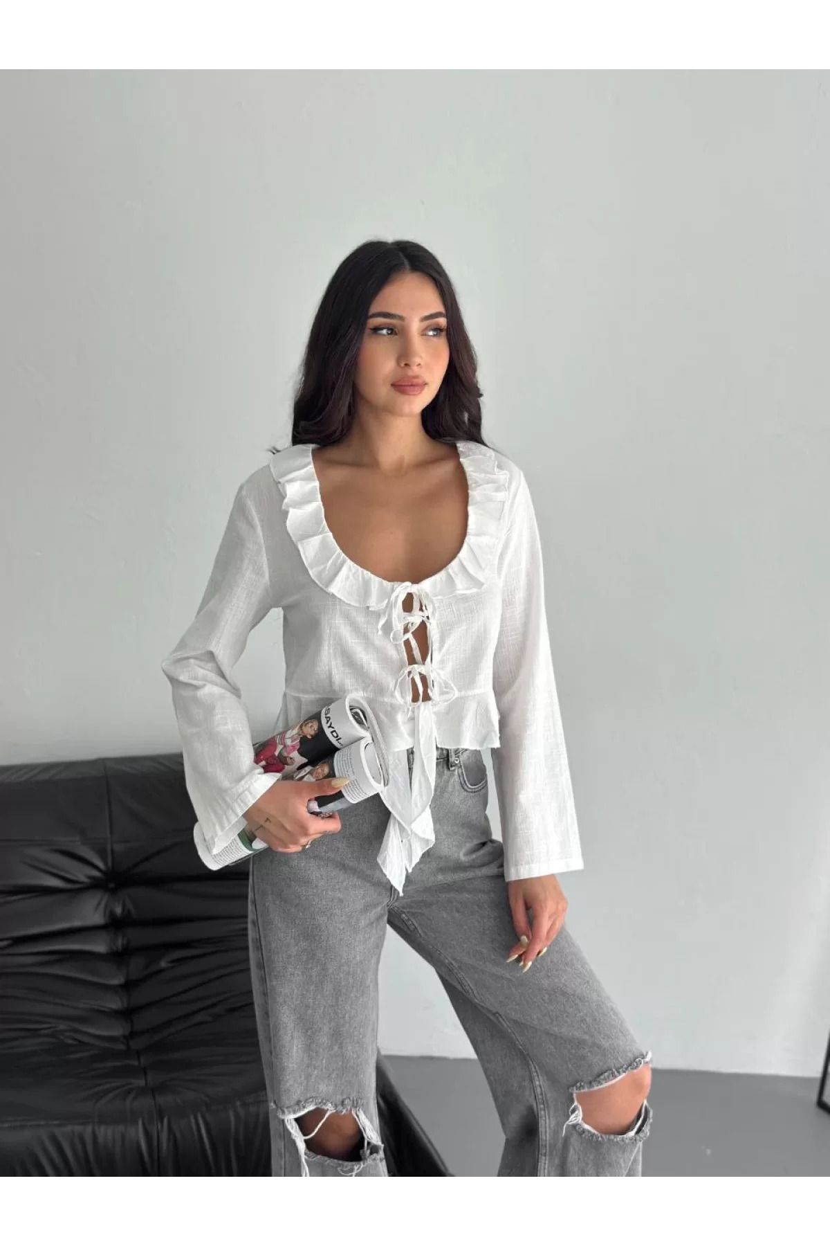 BBbutik Uzun Kol Bağacık Detaylı Bluz