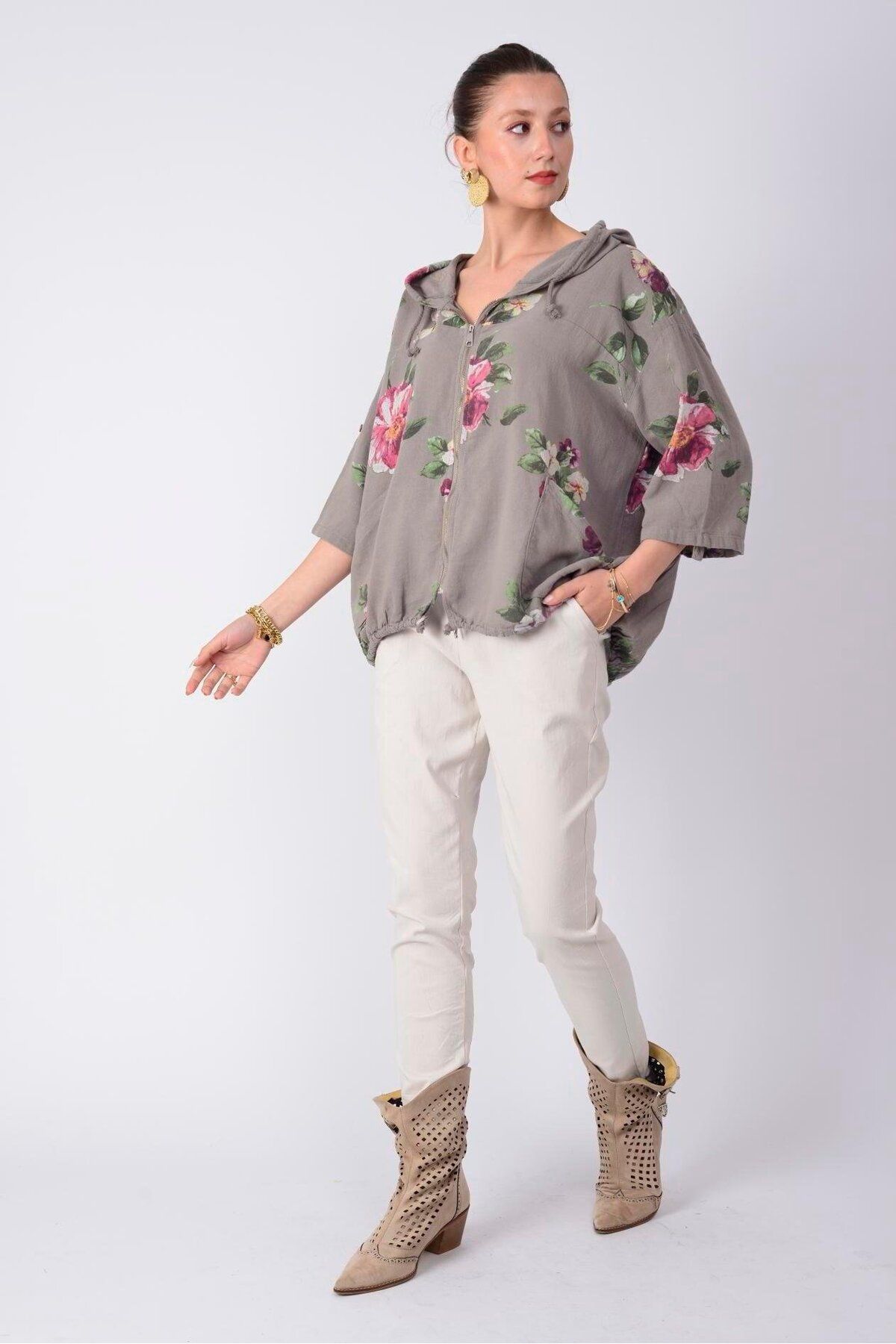 Butik İtalyan Çiçek Desen Keten Ceket - VİZON