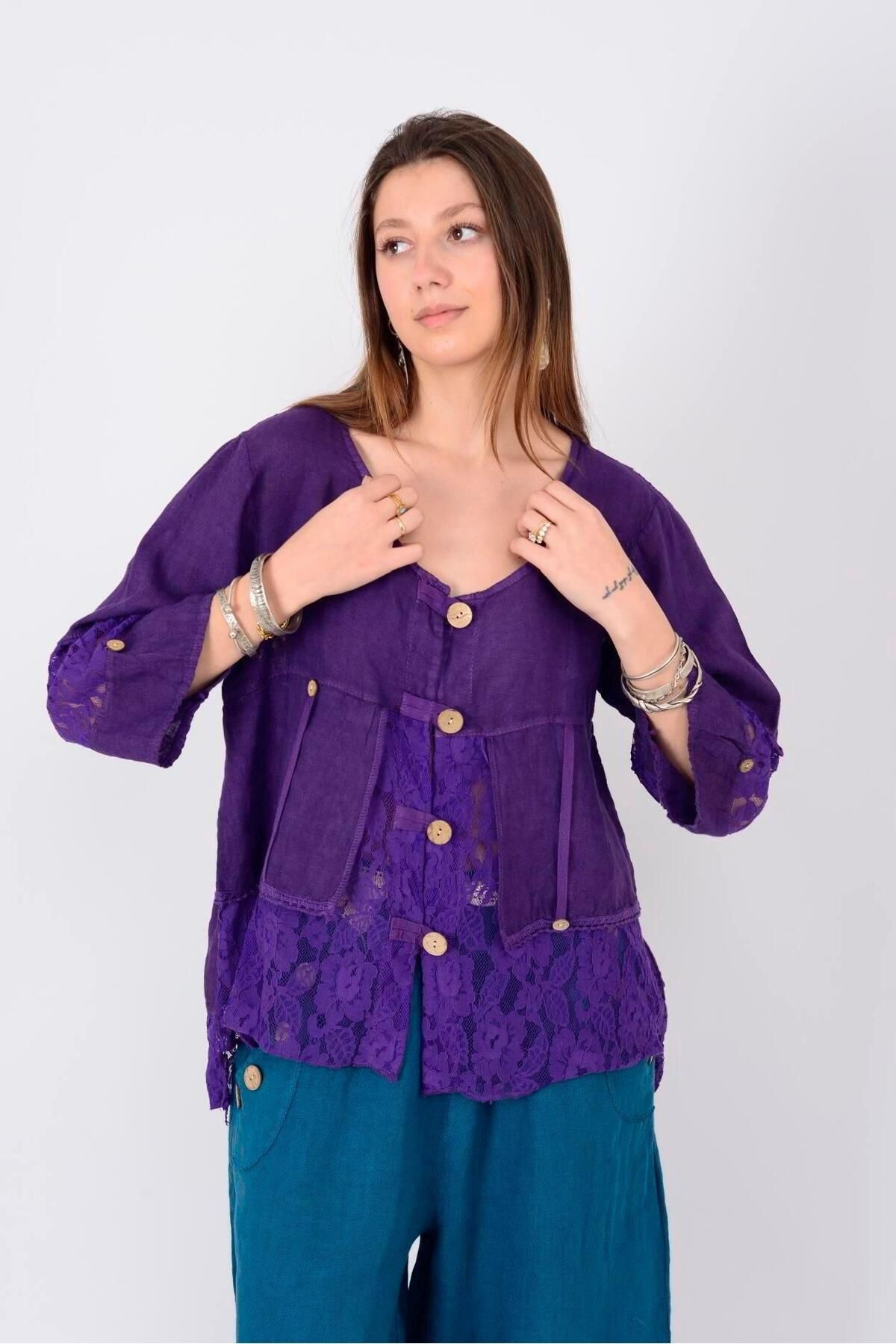 Butik İtalyan Keten Dantel Detay Ceket - MOR