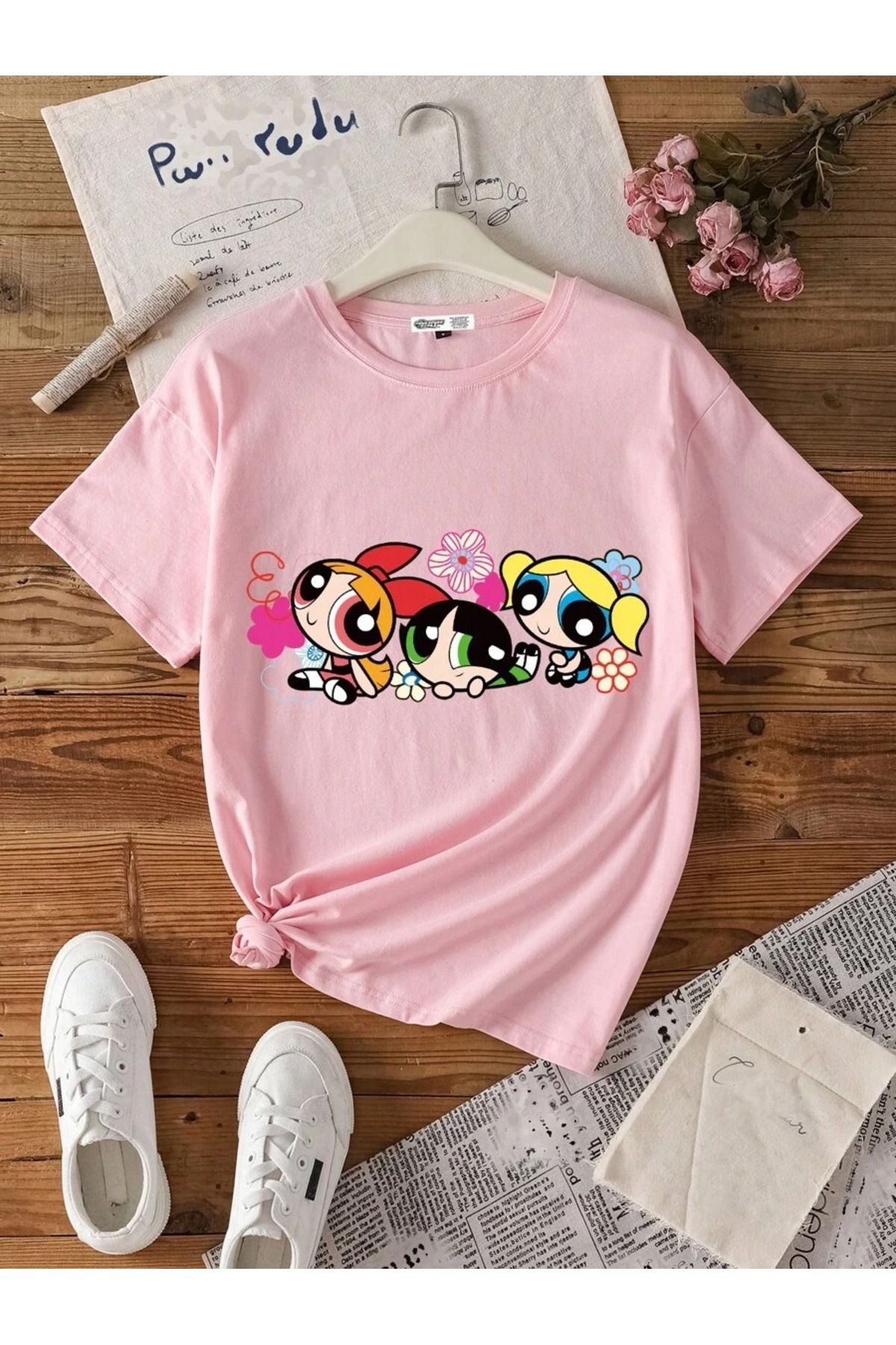 PALPİTO Kadın Pembe Renkli Powerpuff Girls Baskılı Oversize T-Shirt