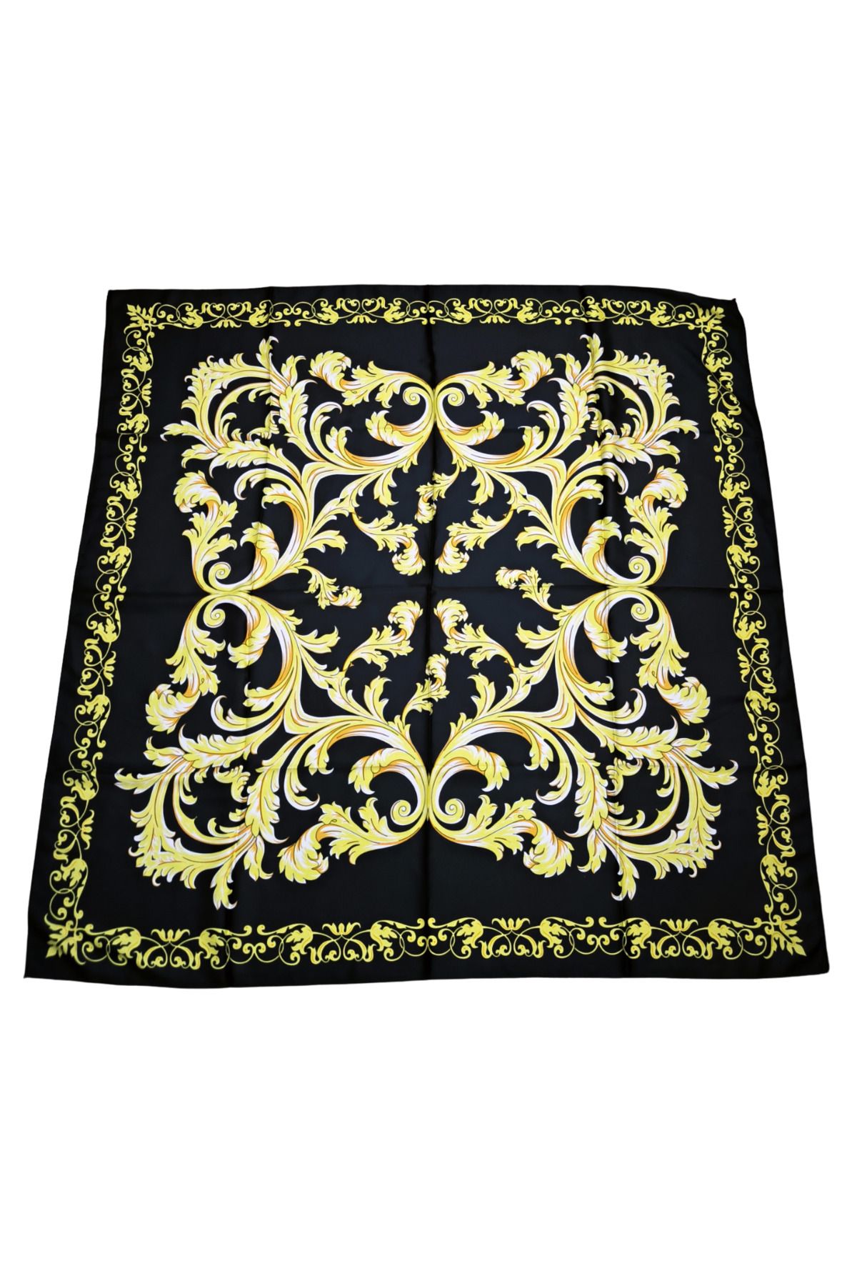 TikiTonki Etnik Çiçek Desenli Saten Siyah Eşarp - 90x90