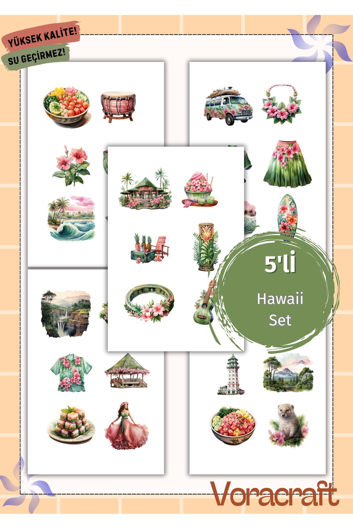 VORACRAFT 5'li Hawaii Tema Sticker Set Ajanda Bullet Journal Set A041