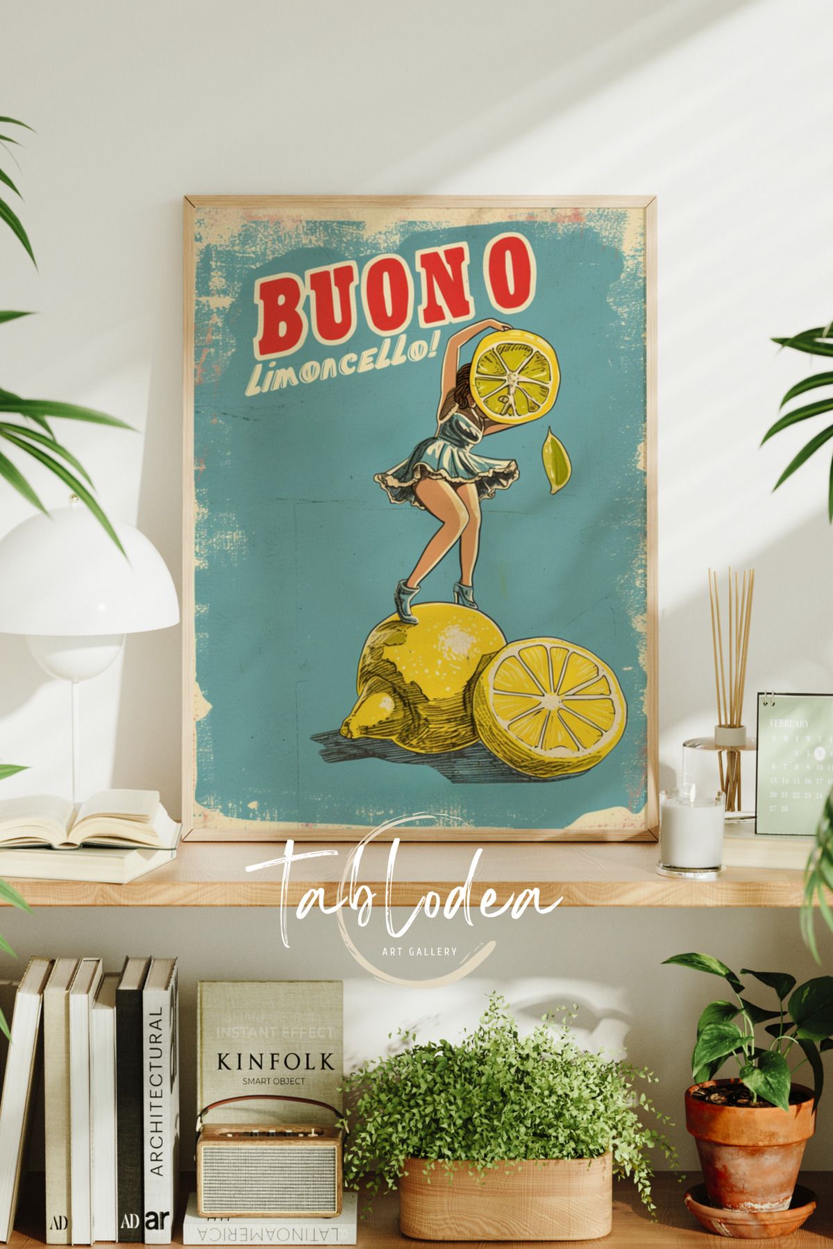tablodea Limon Desenli Modern Çerçeveli Poster Tablo, Woman Retro Dekoratif Vintage Kafe Bar Duvar Tablosu