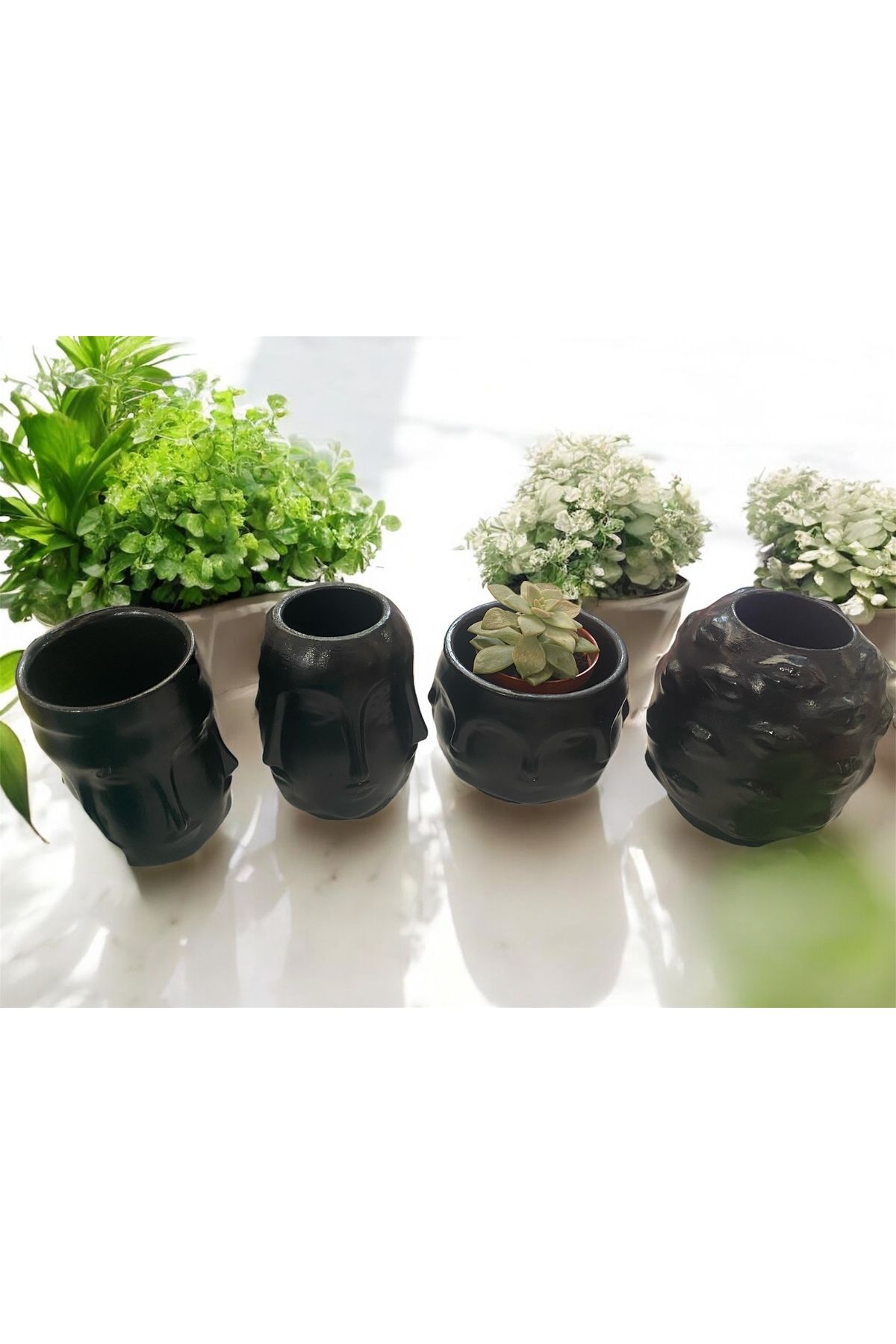 EL YAPIMI Siyah Yüz Sukulent Saksı Set - Bahçe Balkon Kitaplık Dekorasyon -