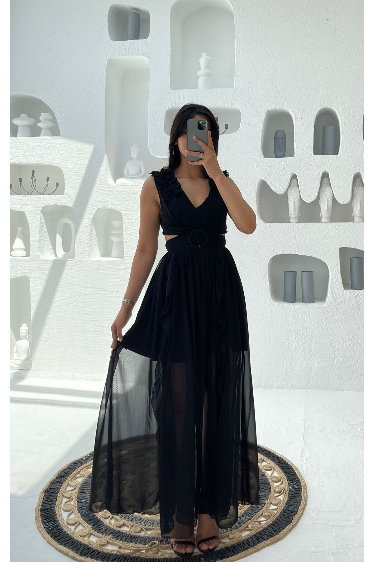 Nida Boutique Bel Sırt Dekolteli V Yaka Astarlı Yırtmaçlı Şifon Elbise