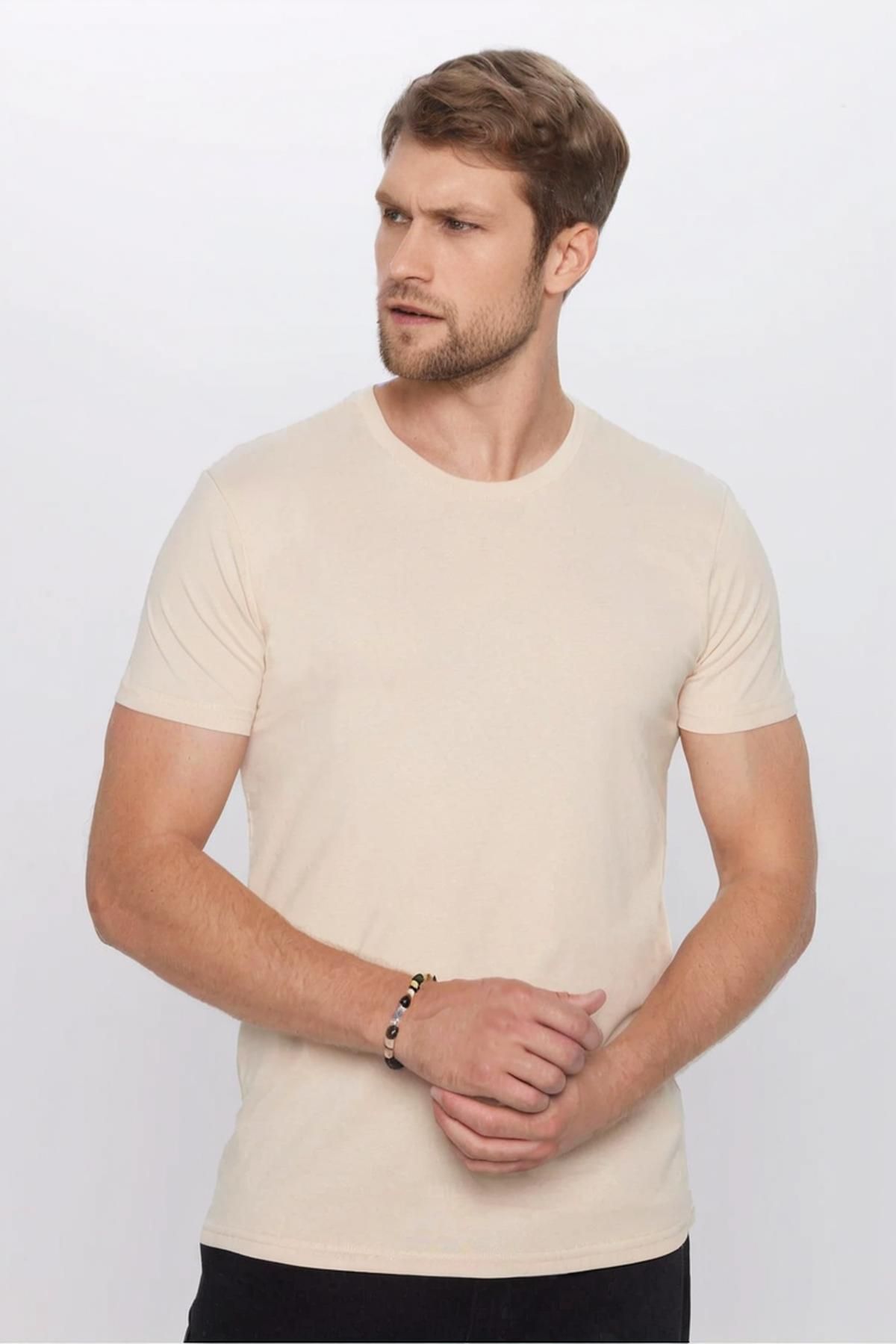 Glowery Unisex %100 Pamuklu Krem Renk Rahat Regular Fit Bisiklet Yaka Basic Tişört