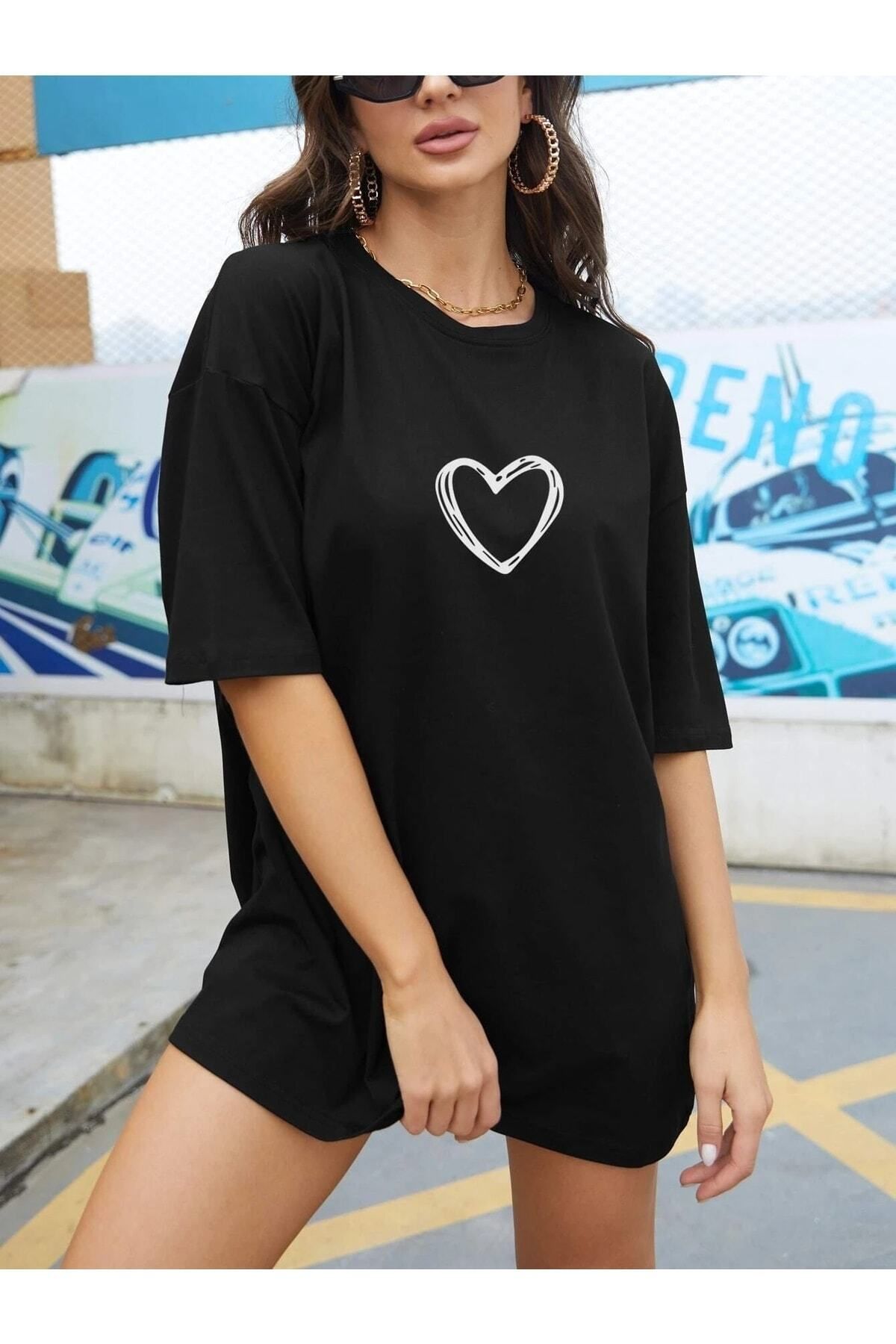 Hunors Sportswear & Company Kadın / Kız Minik Kalp Siyah Oversize T-shirt Salaş Boyfirend